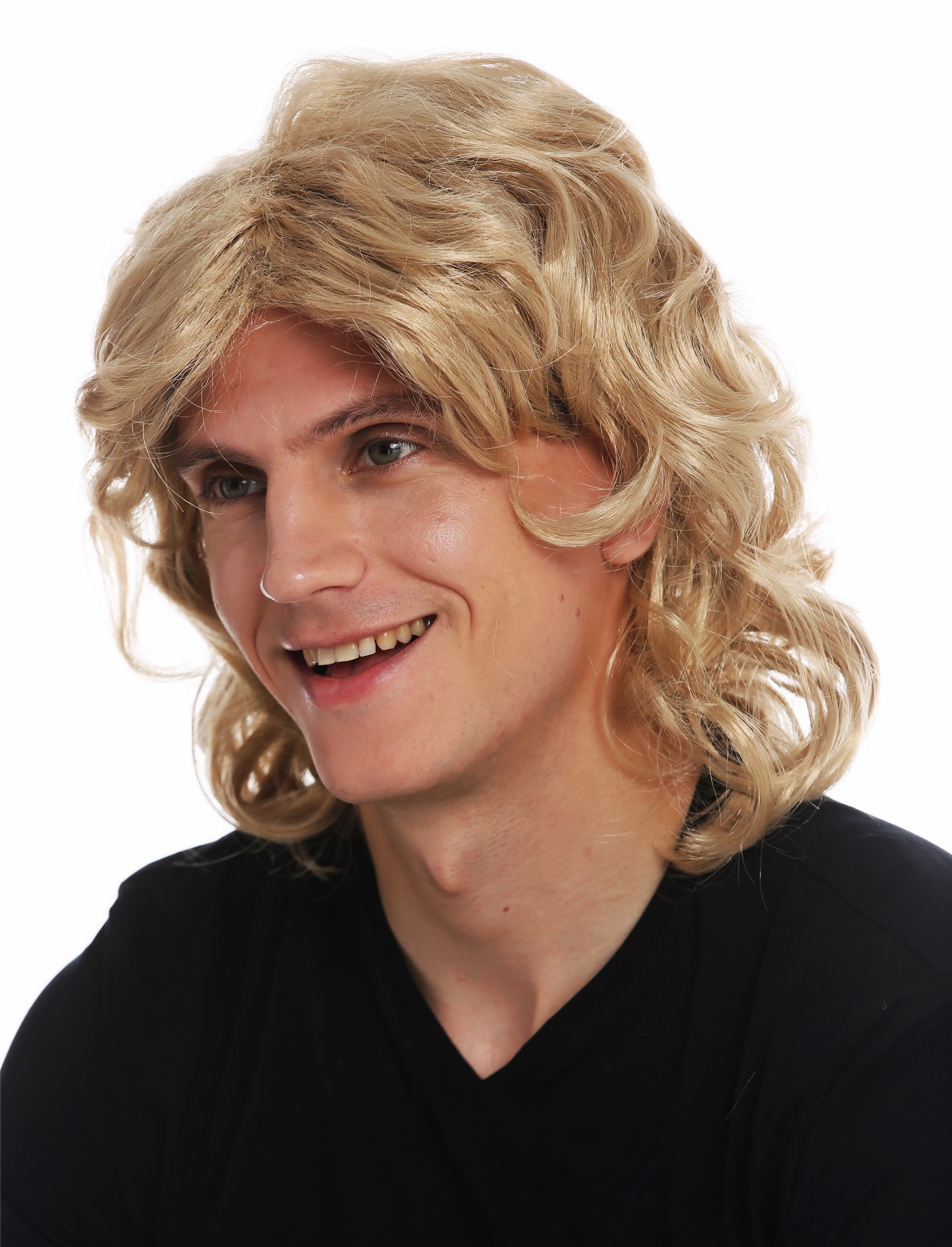 günstige Party Perücke, Perücke Herren lang gewellt Blond Schönling F26722-ZA82A, Ansicht 2, WIG ME UP: Ihr Perücken Online Shop lockige Party Perücke Karamellblond schulterlange Haare Unisex