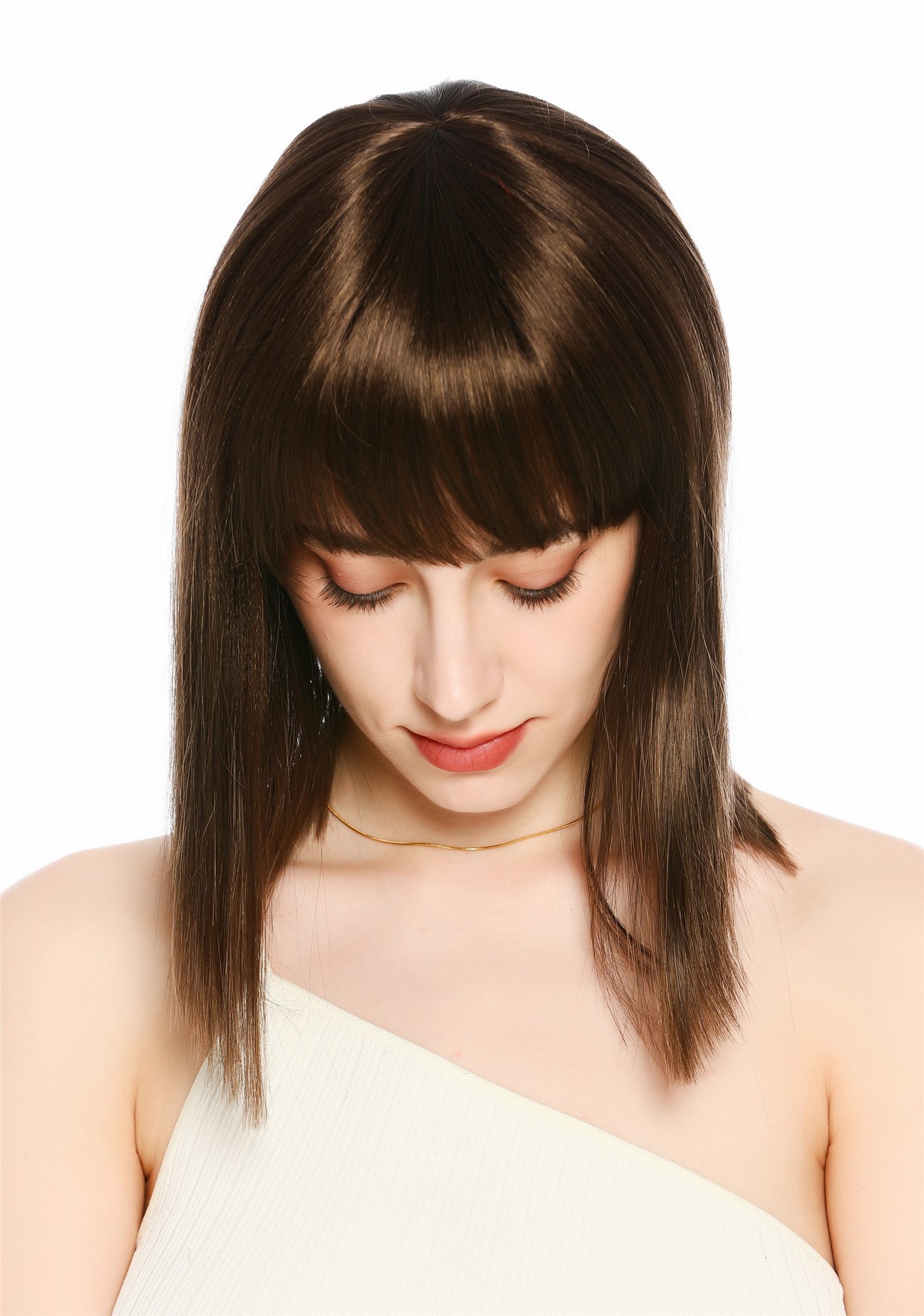 Perücke Damen Longbob glatt schulterlang Pony Clavi-Cut Braun Mittelbraun VK-64-8