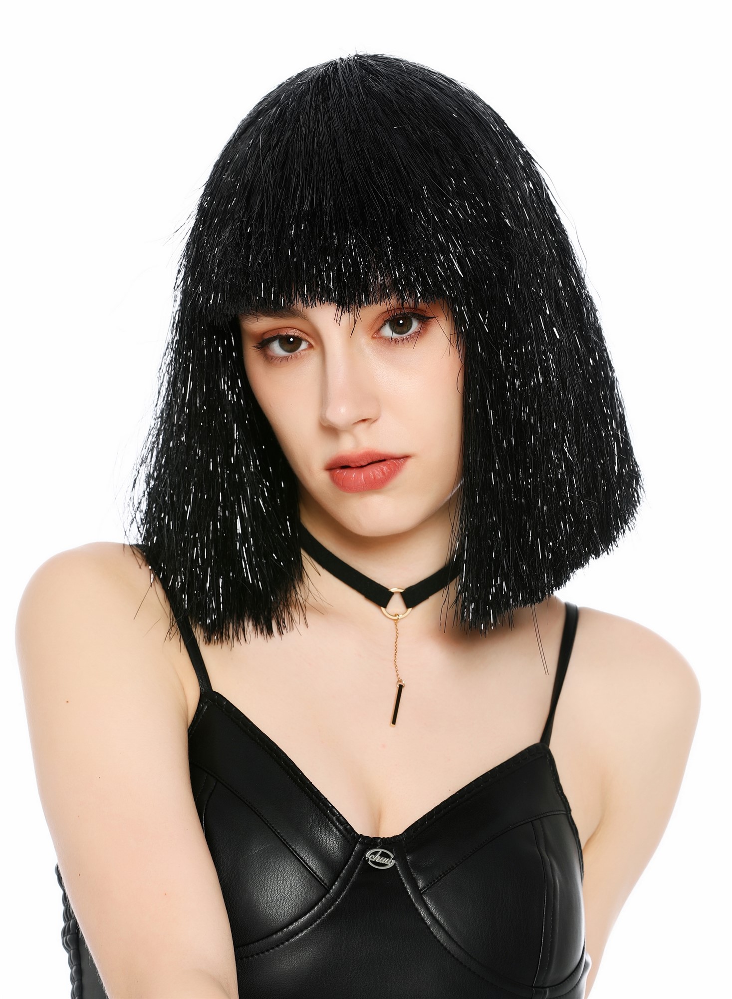 Perücke Damen Glitzer Lametta Tinsel Look Longbob Pony Disco Glam Schwarz VK-42-TN18