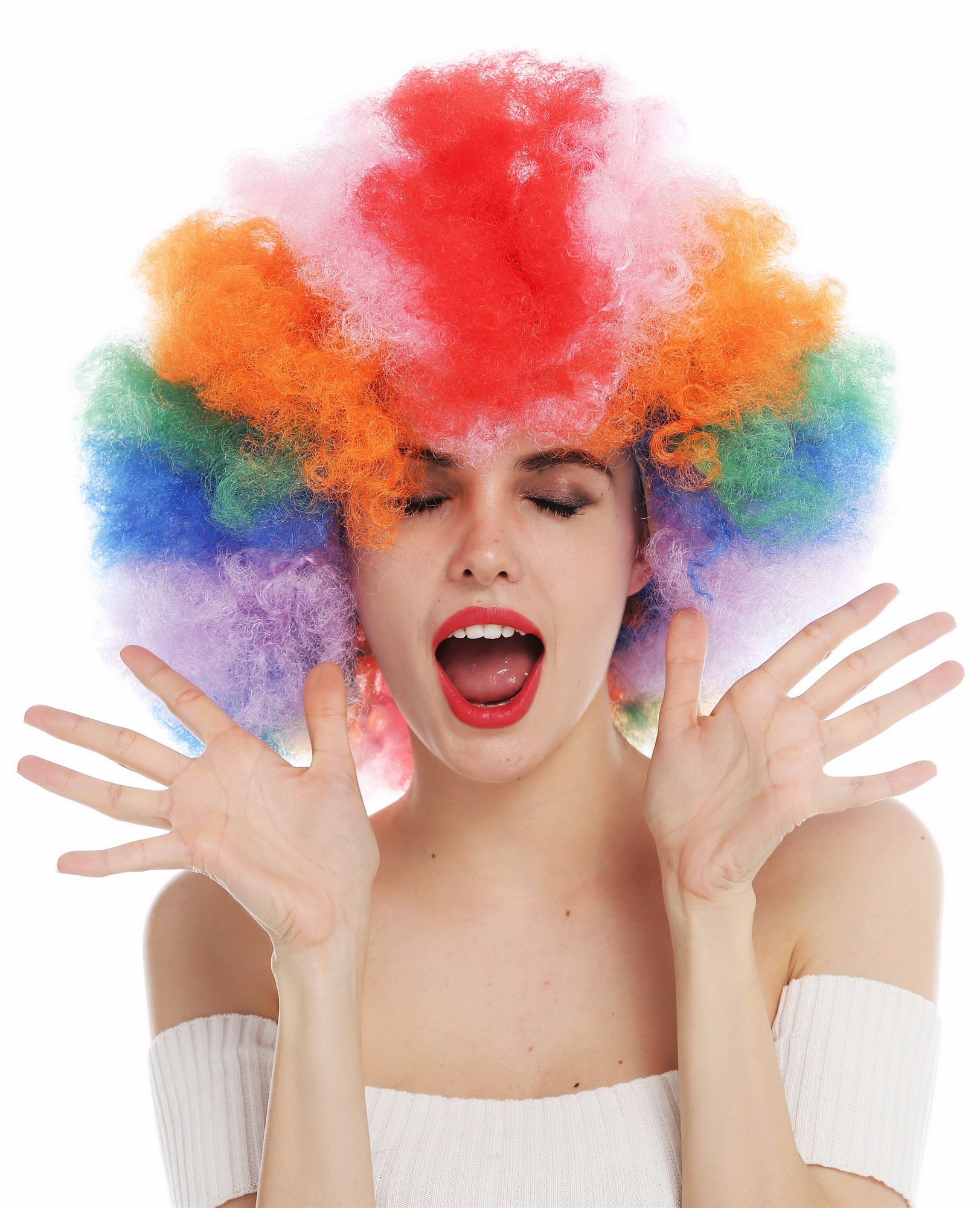 Halloween party wig afro men women rainbow coloured colourful XXL volume 31938, front view, WIG ME UP: Your Perücken Online Shop Party Wig, Unisex, Purple,Blue,Green,Orange,Pink,Red, wavy, short