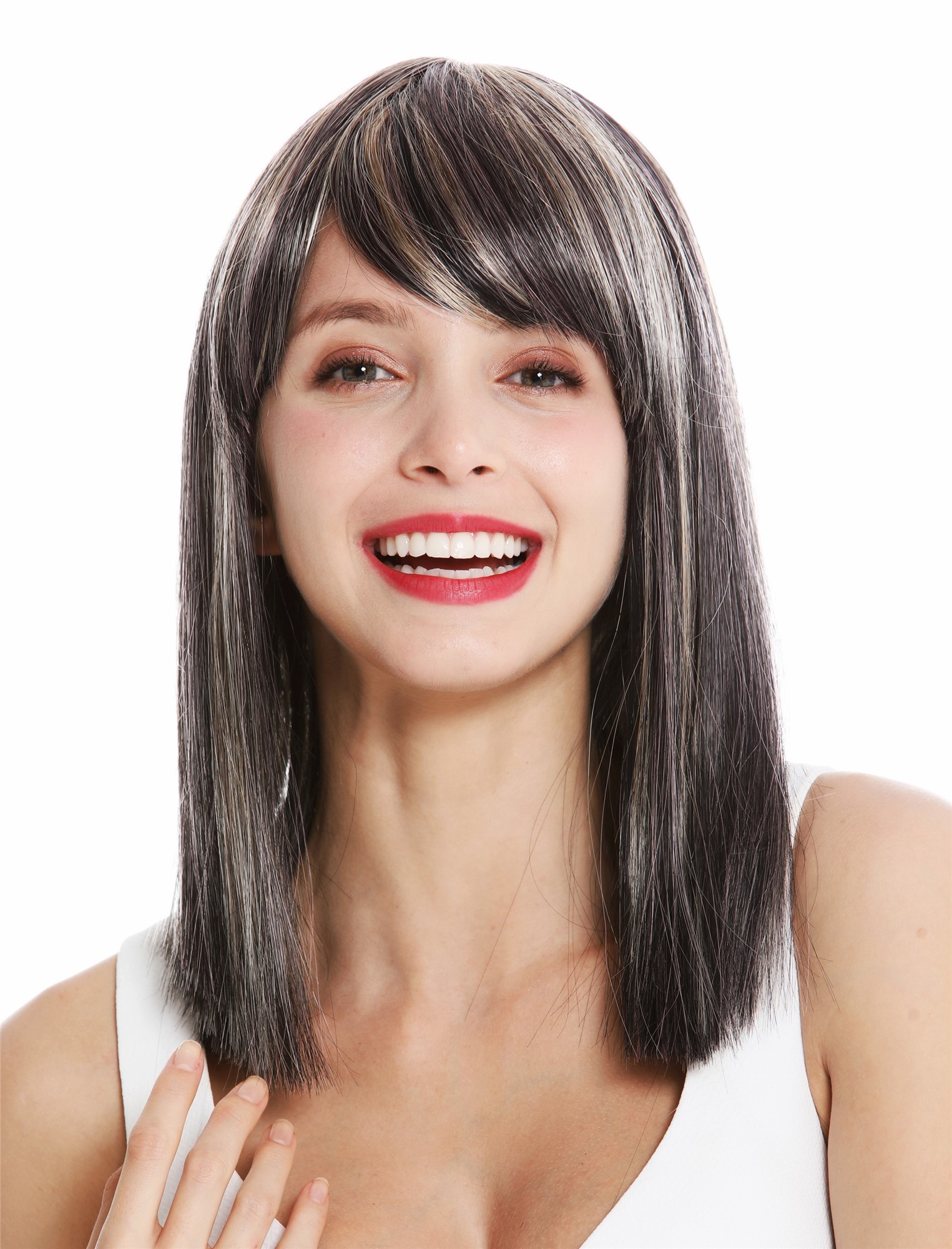 hochwertige Qualitätsperücken, Perücke schulterlang glatt schwarz rosa blond gesträhnt VK-5-1BHT2312-27T613, Ansicht 2, WIG ME UP: Ihr Perücken Online Shop glatte Tressen-Perücke mit Kopfhaut-Imitat Blond-Schwarz-Rosa-Mix schulterlange Haare für Damen