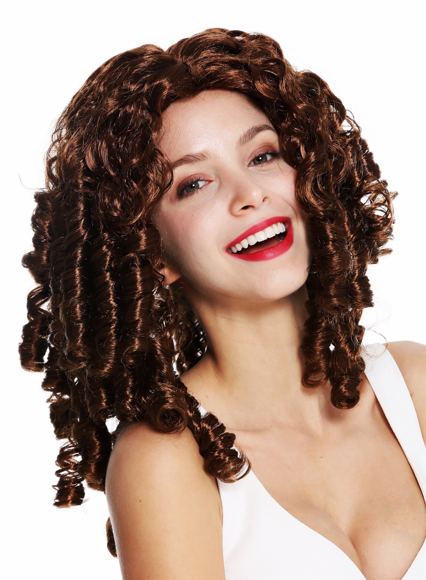 günstige Party Perücke, Perücke Korkenzieher-Locken lang Braun 91056-1-ZA6A, Ansicht 3, WIG ME UP: Ihr Perücken Online Shop lockige Party Perücke Mittelbraun lange Haare für Damen