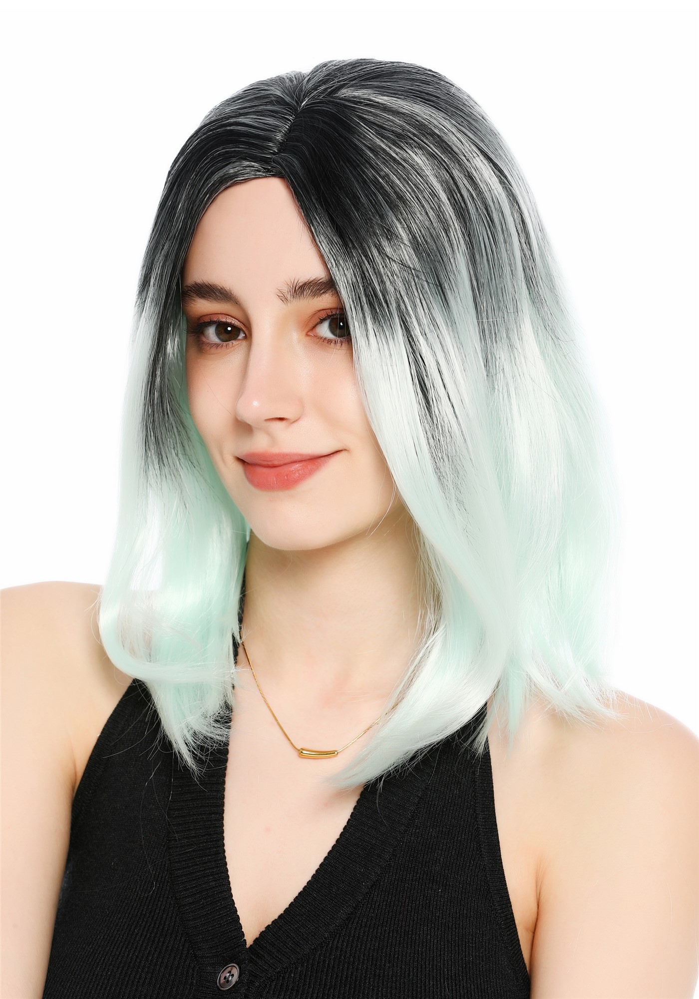 Perücke Damen Mittelscheitel schulterlang glatt Ombre Schwarz Hellgrün GFW3977-1TT5507