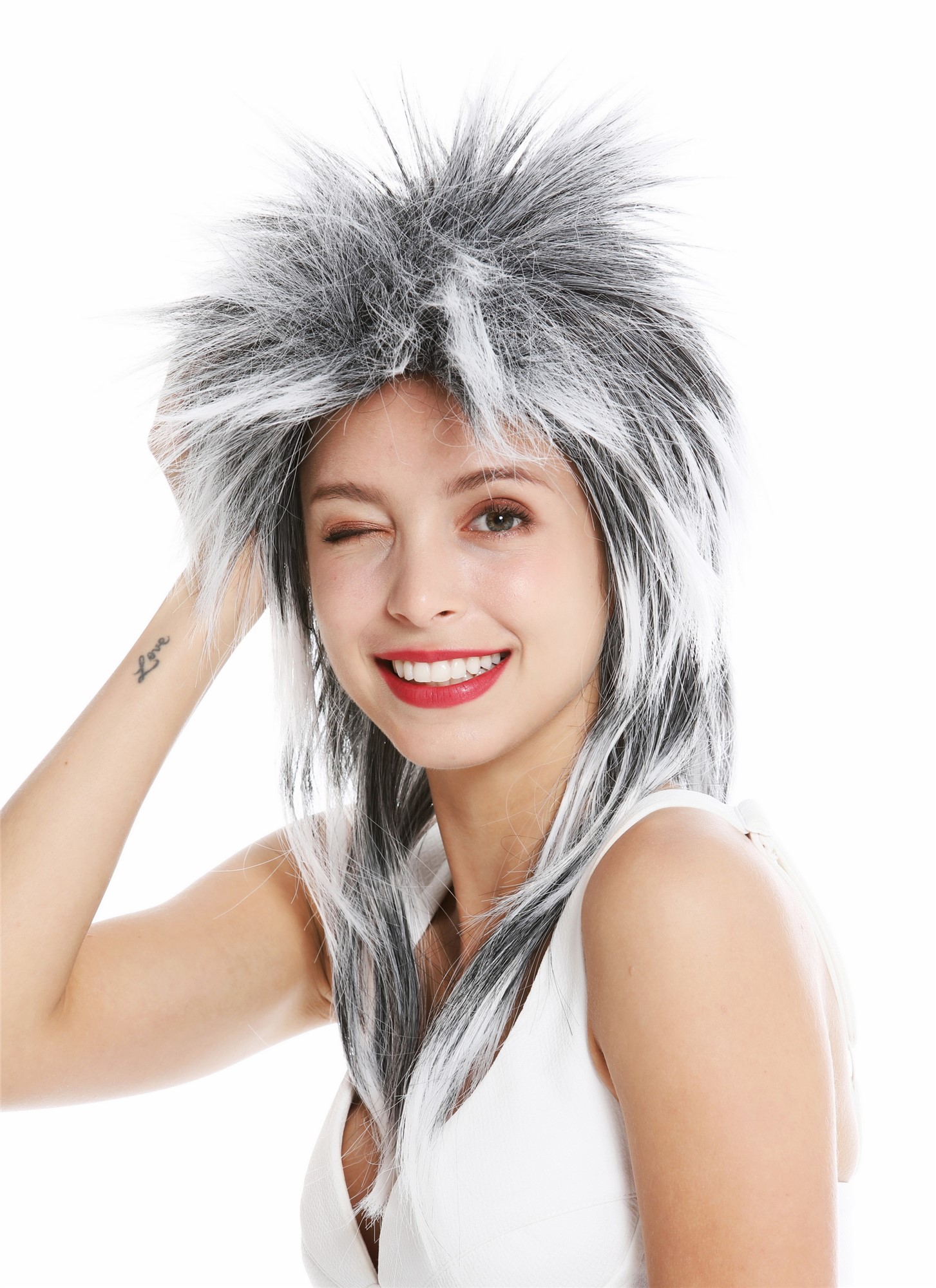 Party wig carnival punk mullet rocker wild 80's wave long black white DH1069, view 2, WIG ME UP: Your Perücken Online Shop Party Wig, Unisex, black and white mix, straight, long