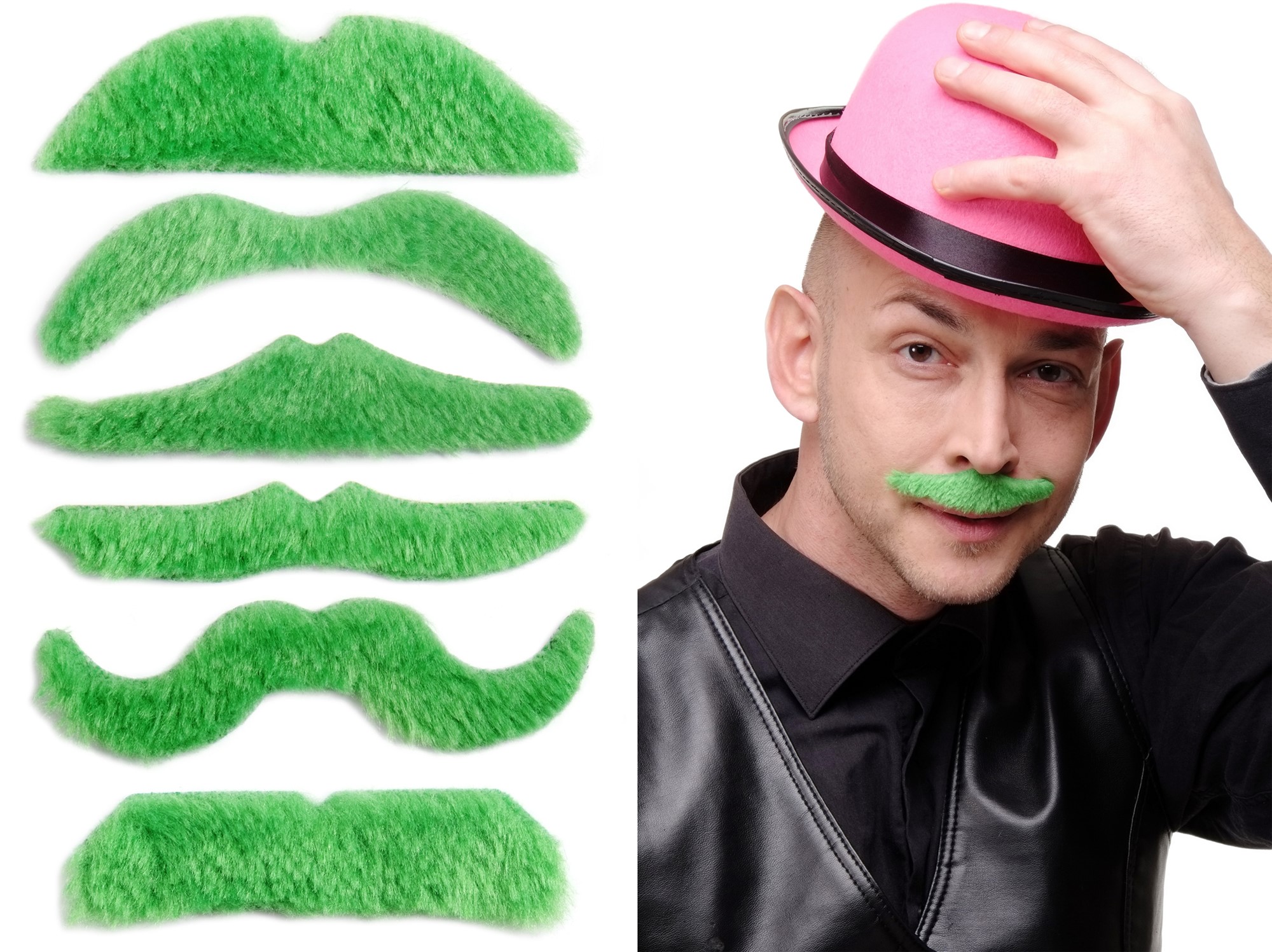 Fake Beards Moustaches 6-piece set green with glue strip moustache MM-005, front view, WIG ME UP: Your Perücken Online Shop Party Wig, Men, Green