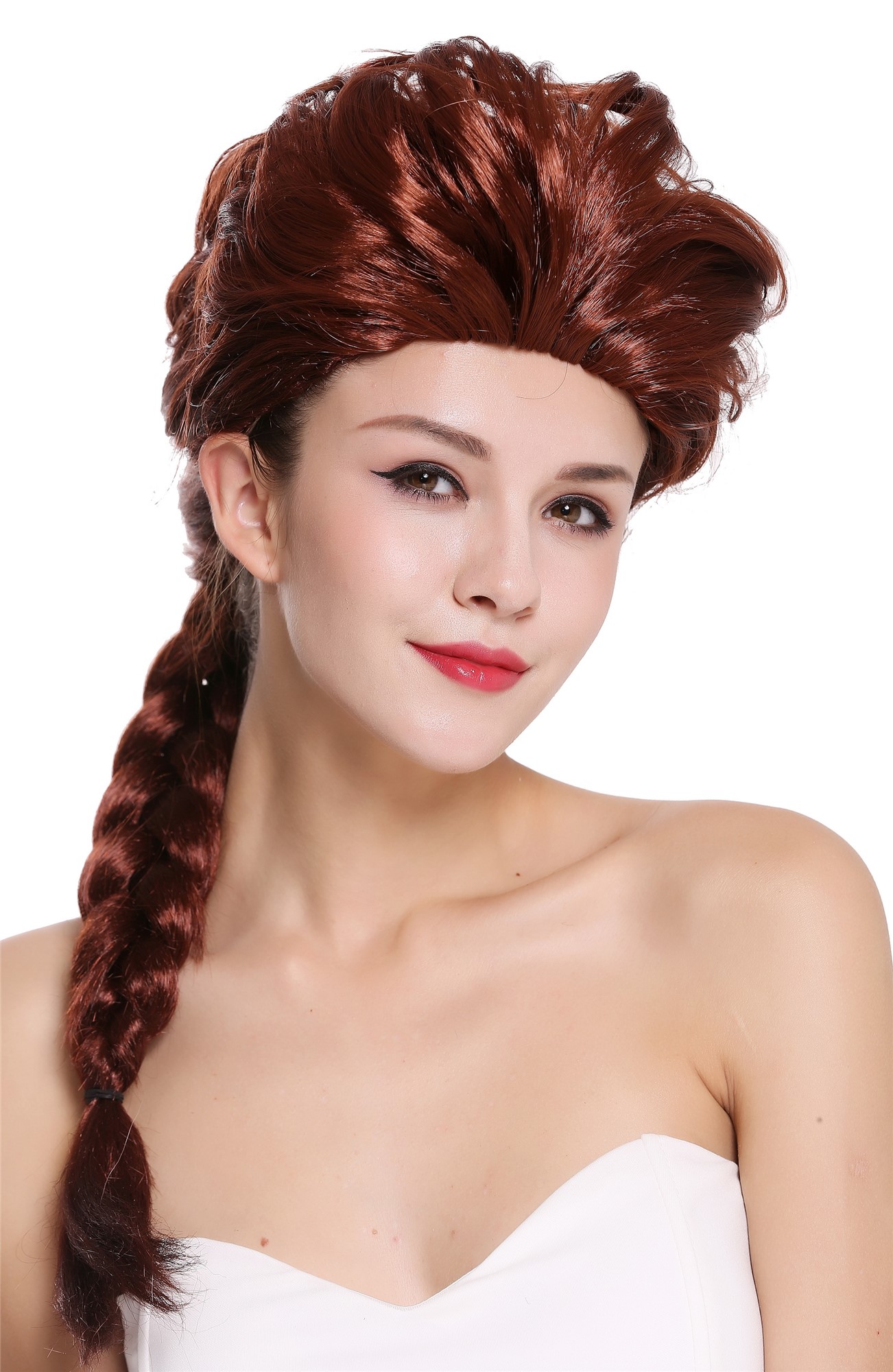 Baroque Lady Party Wig reddish brown long braided ponytail  051-P340, front view, WIG ME UP: Your Perücken Online Shop Party Wig, Ladies, Brown, Braided, long