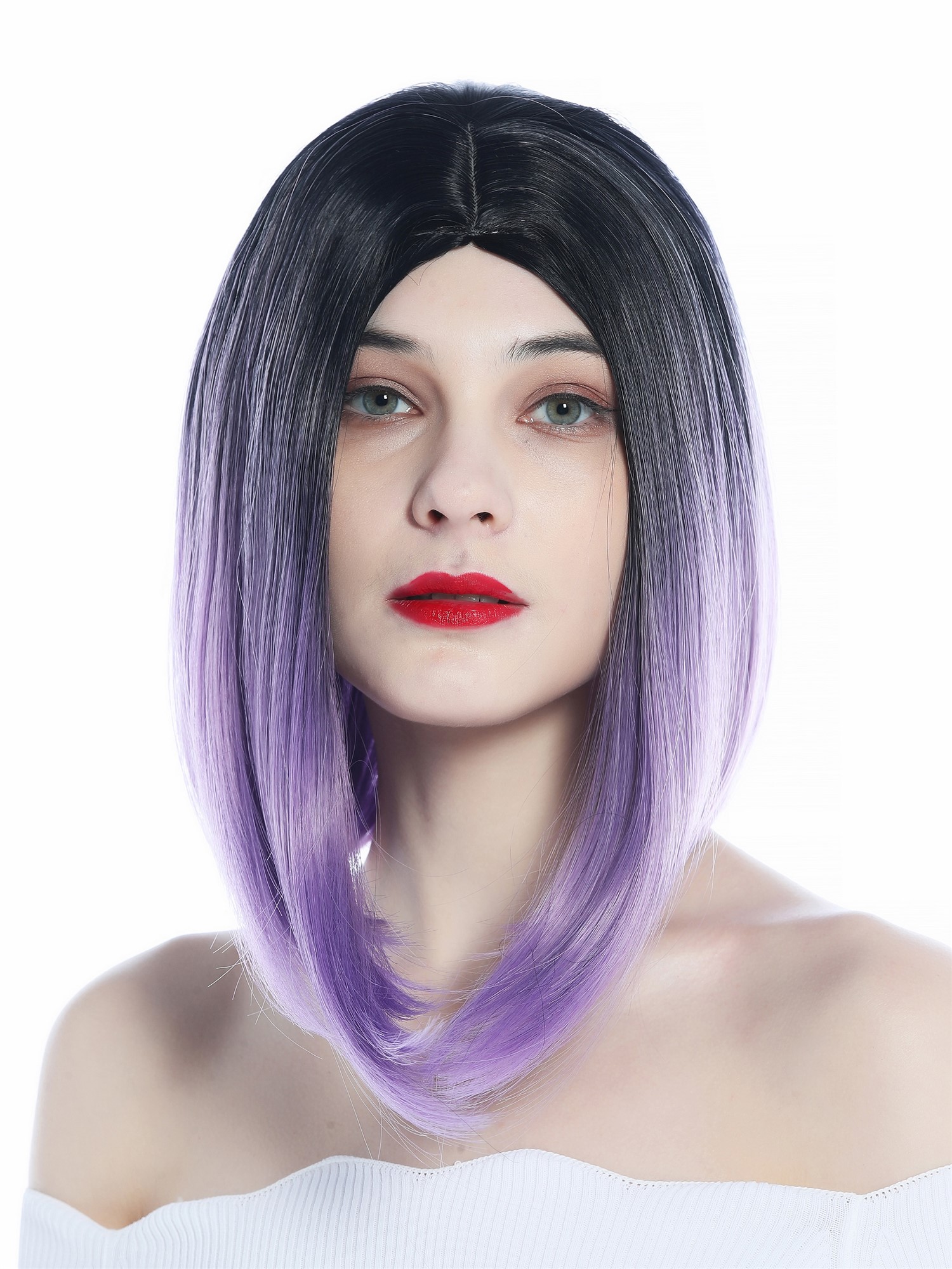 hochwertige Qualitätsperücken, Perücke kurz Longbob Clavi-Cut Ombre Schwarz Lila Mittelscheitel SZL0700-1B/3834, Ansicht 6, WIG ME UP: Ihr Perücken Online Shop glatte Tressen-Perücke mit Kopfhaut-Imitat Schwarz-Lila-Verlauf schulterlange Haare für Damen