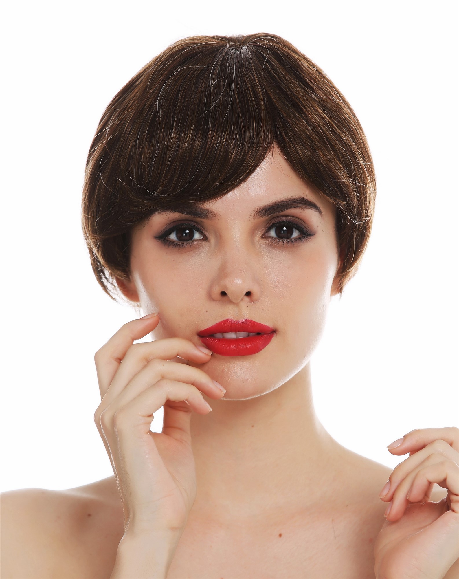 hochwertige Qualitätsperücken, Perücke Monofilament kurz Pagenkopf glatt Braun Blond gesträhnt STR-MT-830/27/6, Ansicht 2, WIG ME UP: Ihr Perücken Online Shop glatte Tressen-Perücke mit Teil-Mono Oberkopf Braun-Blond-Mix kurze Haare für Damen