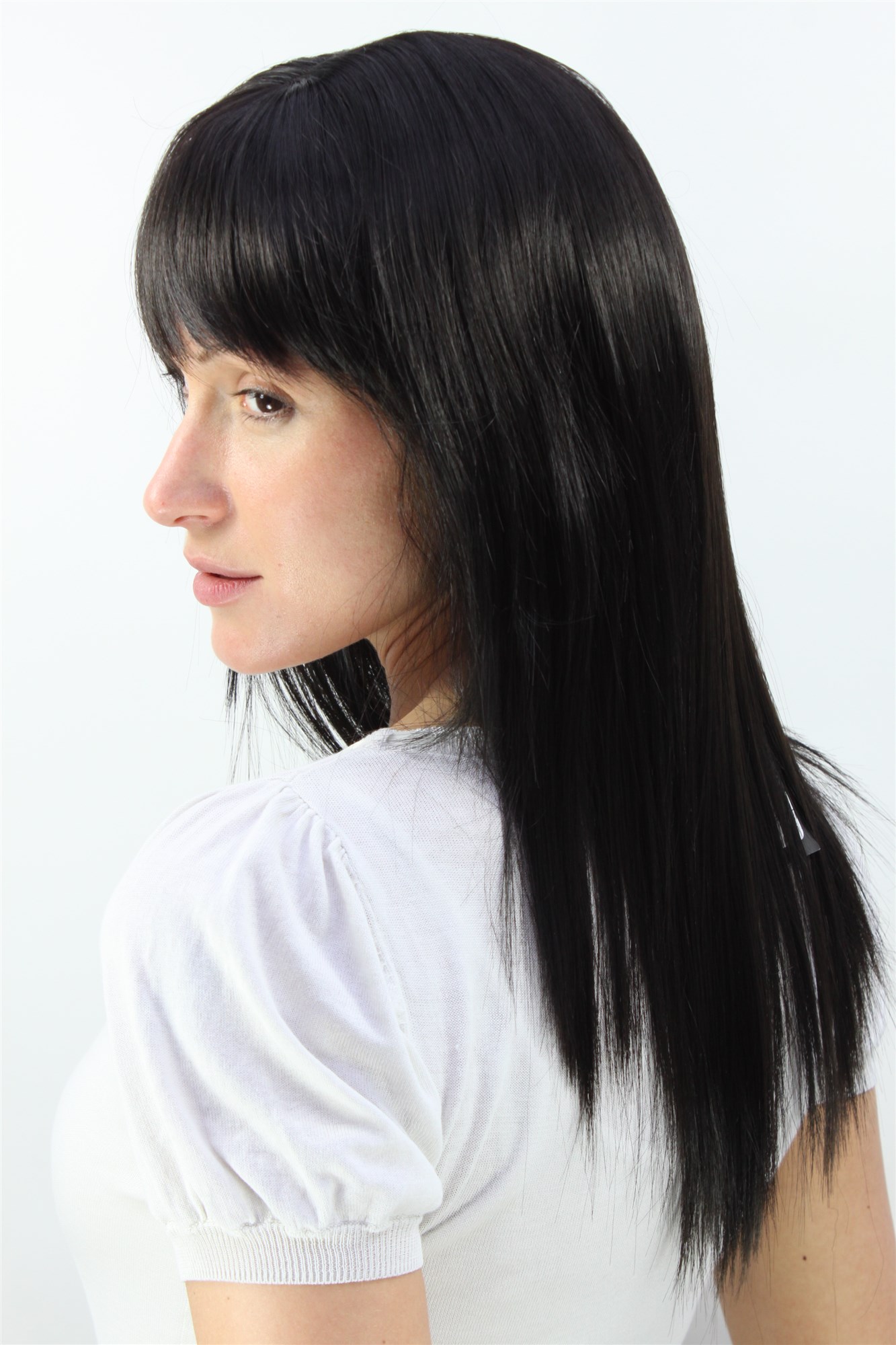 hochwertige Qualitätsperücken, Damen Perücke super sexy wilder Pony lang LA032-2, Ansicht 2, WIG ME UP: Ihr Perücken Online Shop glatte Tressen-Perücke mit Kopfhaut-Imitat Schwarzbraun lange Haare für Damen