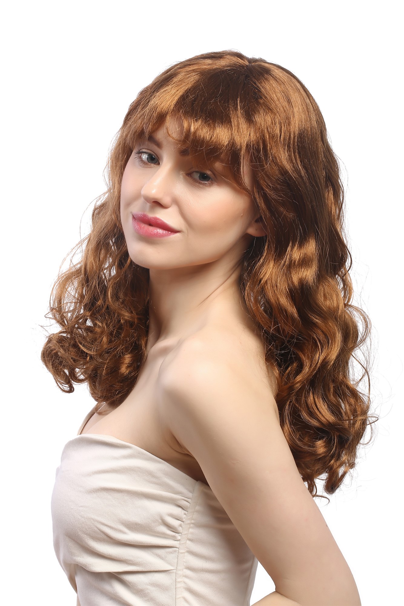 Lady Party Wig Halloween Fancy Dress Southern Belle light brown brunette long curls bangs 20", view 2, WIG ME UP: Your Perücken Online Shop Party Wig, Ladies, Brown, wavy, long