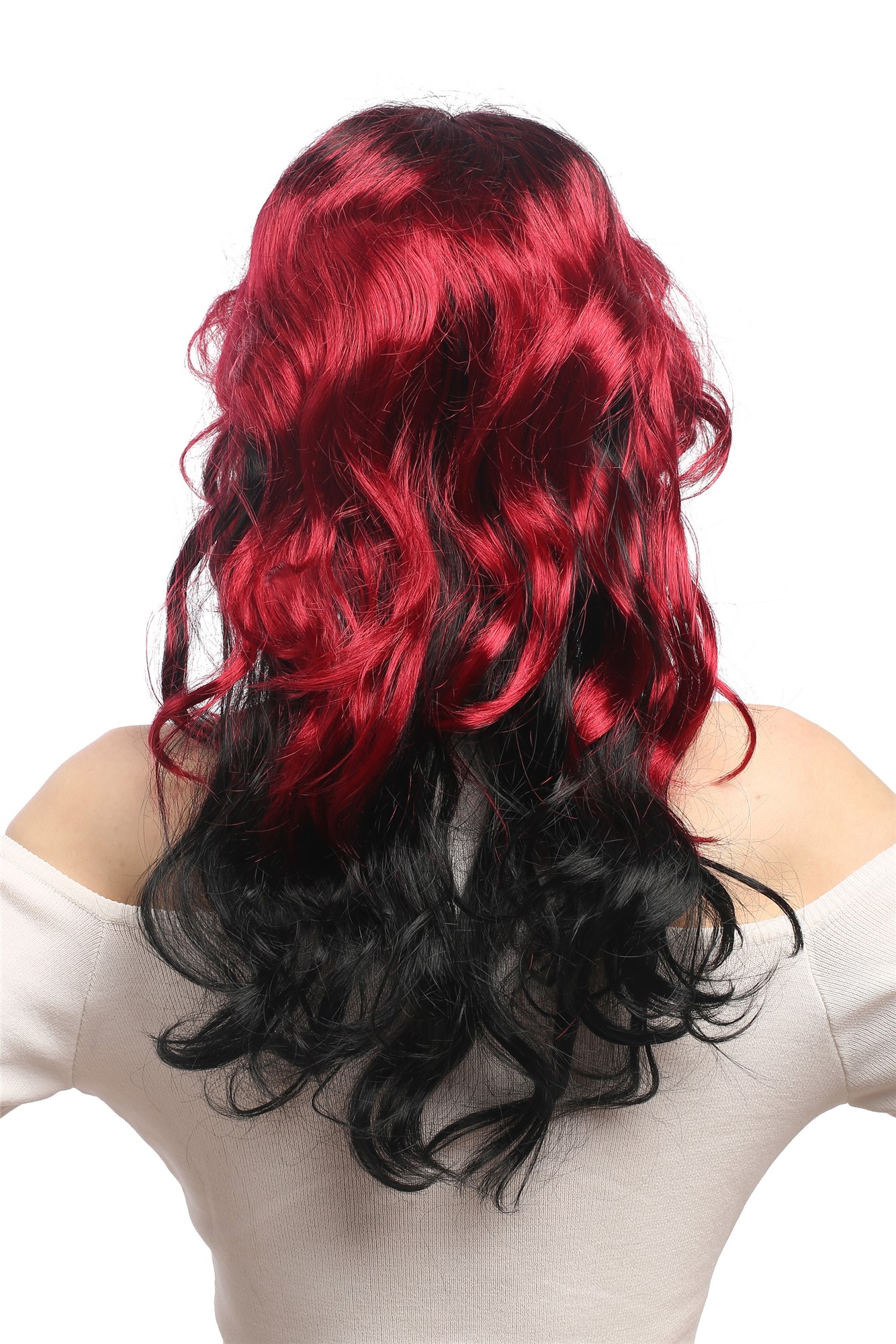 Lady Party Wig Fancy Dress TV Soap Opera Diva black red ombre parting teased wavy layered long, view 3, WIG ME UP: Your Perücken Online Shop Party Wig, Ladies, Red, Black, wavy, long