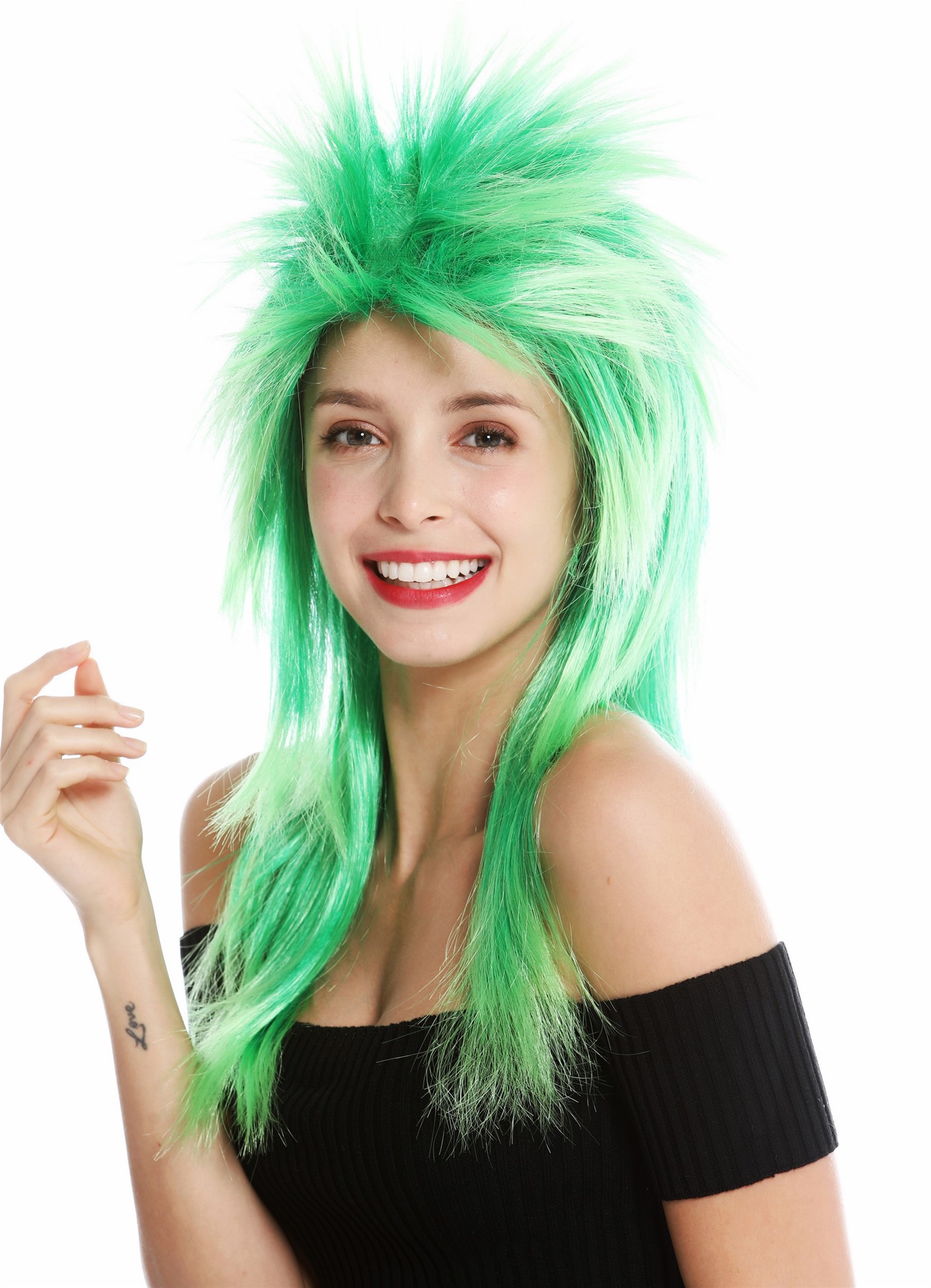 Party wig carnival punk mullet rocker wild 80's wave long green mix DH1069, view 3, WIG ME UP: Your Perücken Online Shop Party Wig, Unisex, green mix, straight, long