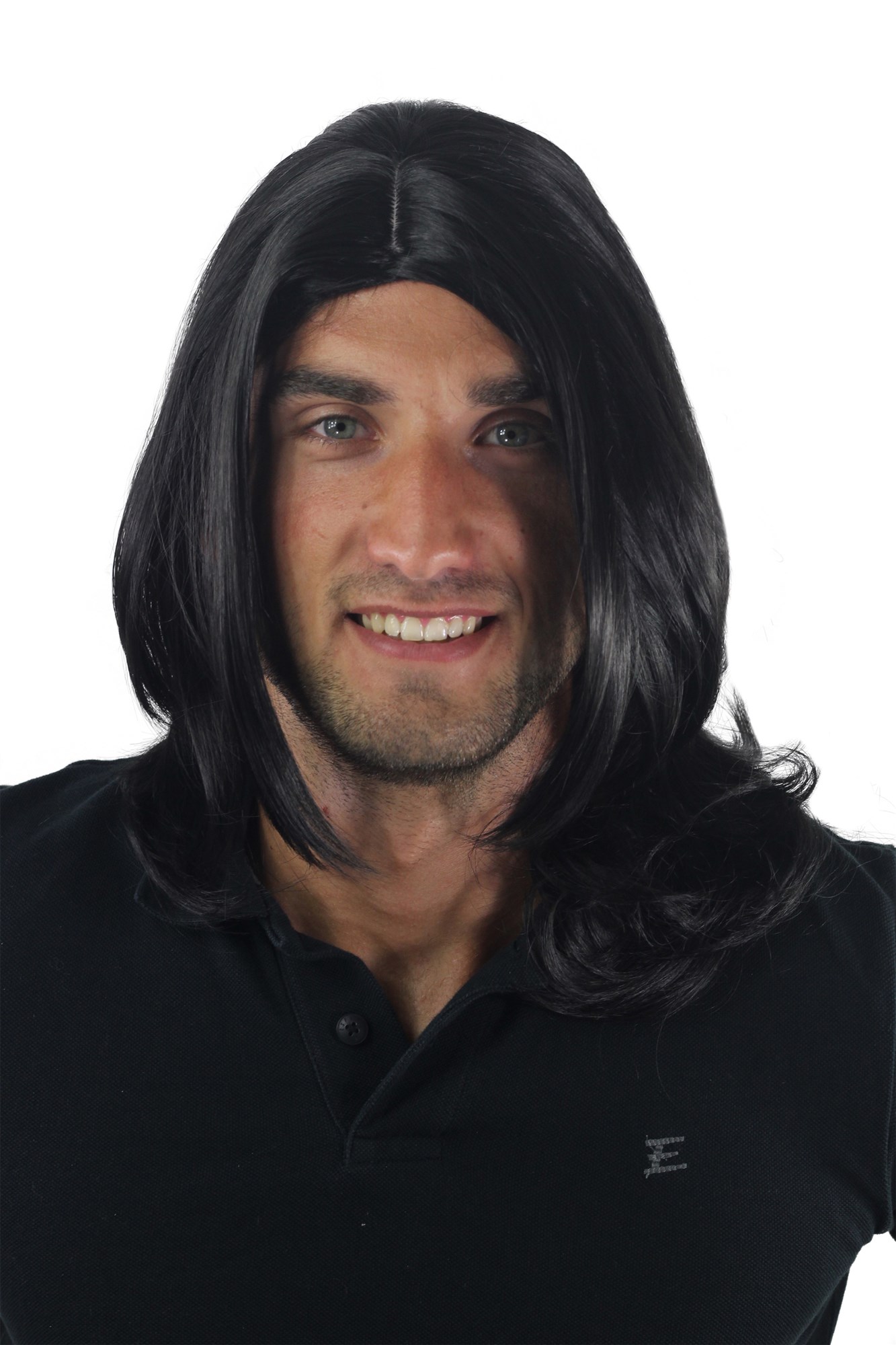 Men's WIG (for Men or Unisex) HIGH  synthetic BLACK longer hair long parting INDIE youthful, front view, WIG ME UP: Your Perücken Online Shop Quality Wigs, Men, velvet black, straight, shoulder-length