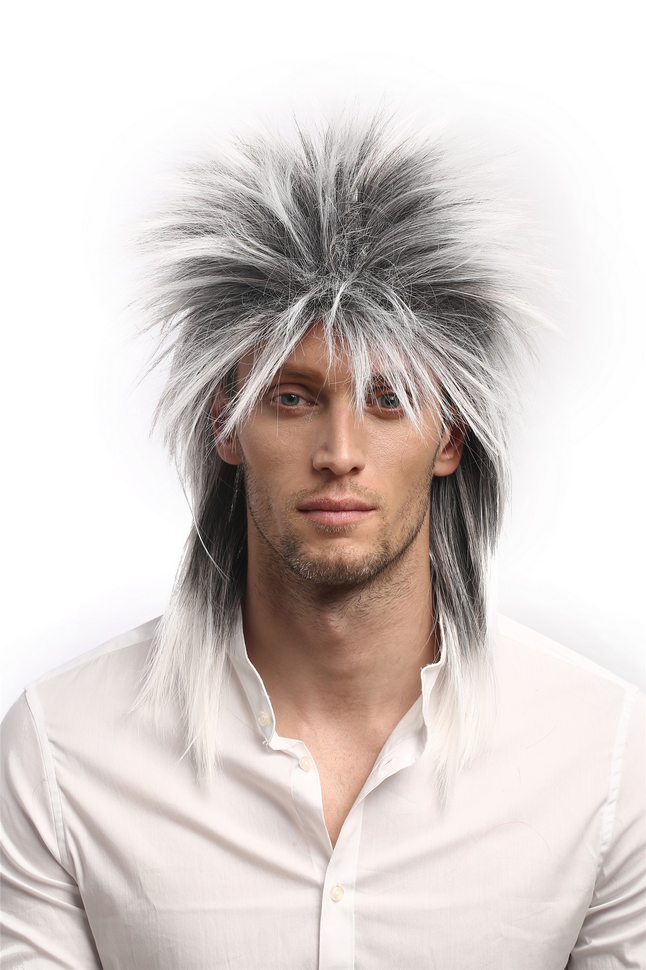 Men & Ladies Wig 80s Punk Wave Pop Star Black Grey backcombed spiky mullet 90891, front view, WIG ME UP: Your Perücken Online Shop Party Wig, Unisex, Grey, wavy, shoulder-length