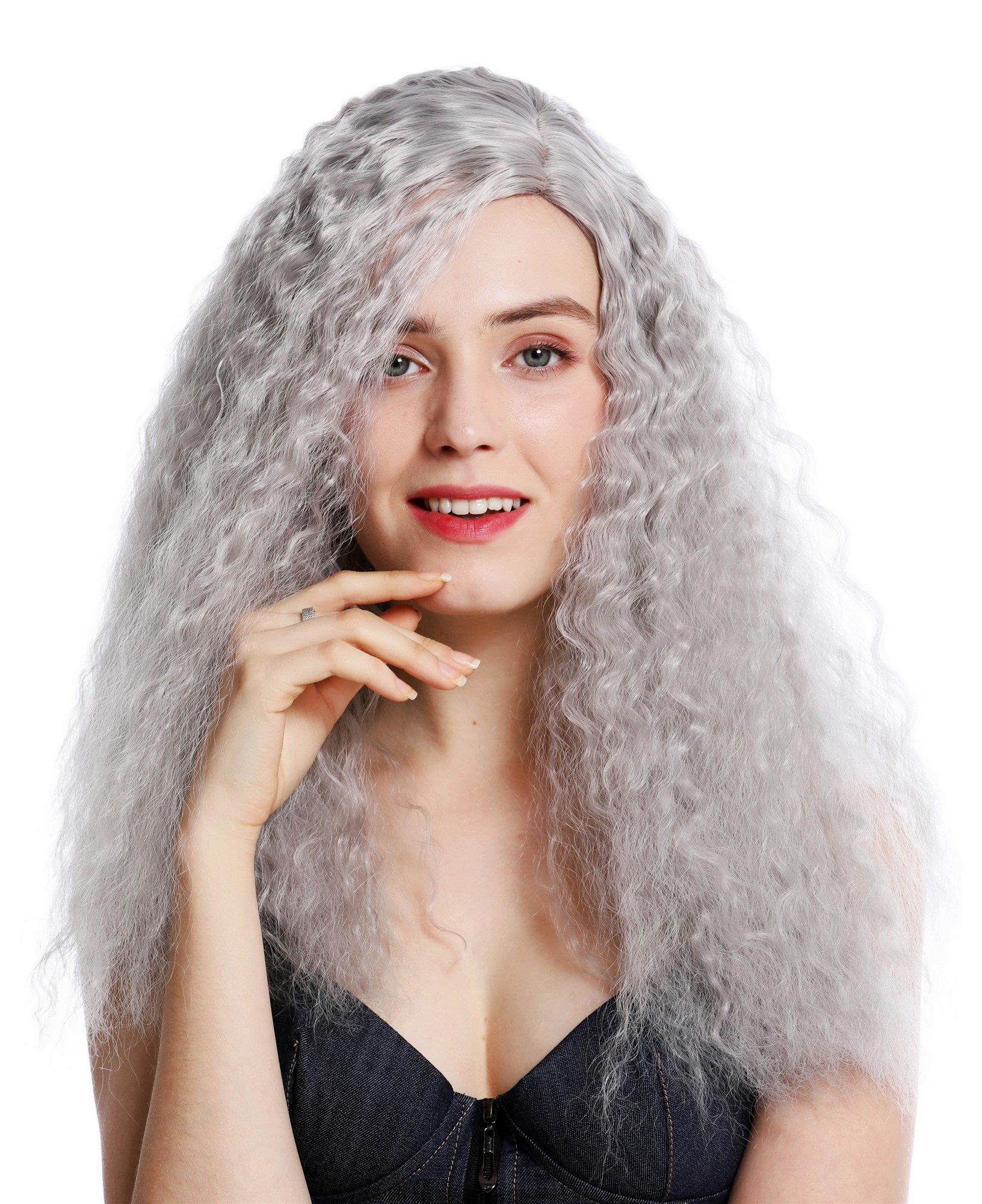 hochwertige Qualitätsperücken, Perücke lang Kraus Locken Volumen Mittelscheitel Grau YZF-7304-T0906, Vorderansicht, WIG ME UP: Ihr Perücken Online Shop lockige Tressen-Perücke mit Kopfhaut-Imitat Hellgrau lange Haare für Damen