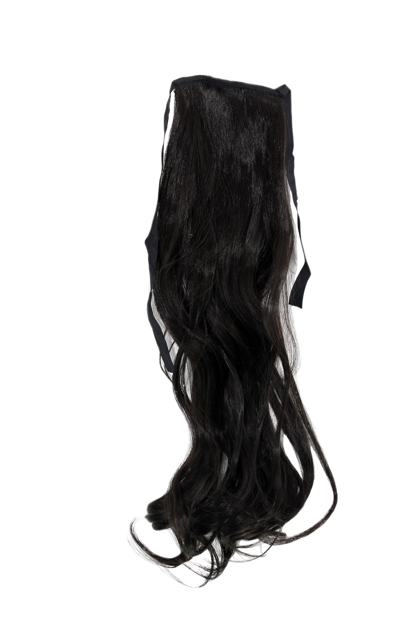 YZF-TC18-4 Hairpiece Pontail Pigtail extension slim light wavy comb and ribbon dark brown, front view, WIG ME UP: Your Perücken Online Shop Ponytails, dark brown, wavy, shoulder-length