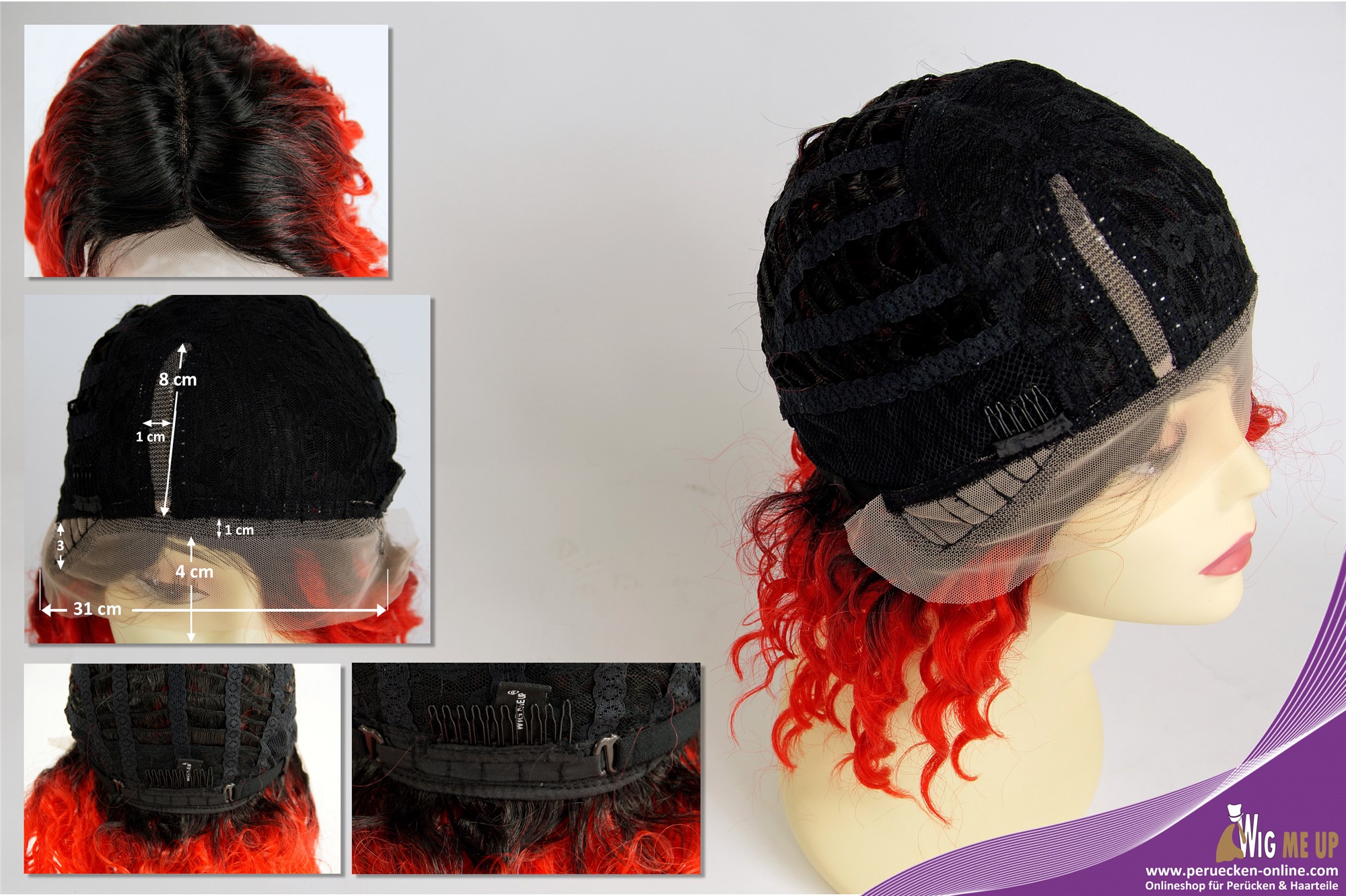 Monofilament lace front lady wig shoulder short curled ombre black red VK-15-MF, view 7, WIG ME UP: Your Perücken Online Shop Quality Wigs, Ladies, red-black mix, curled, shoulder-length