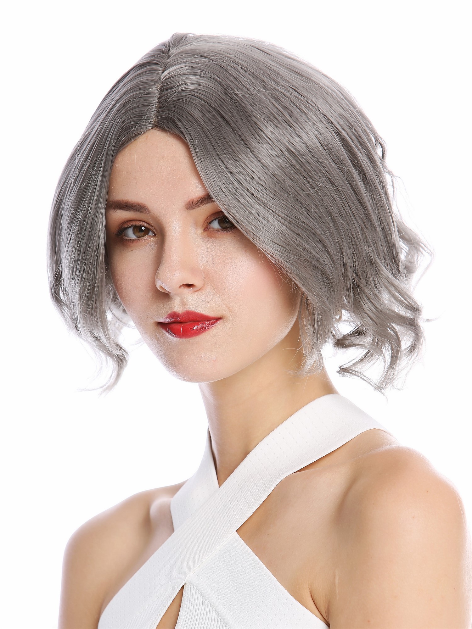 hochwertige Qualitätsperücken, Perücke kurz Longbob Mittelscheitel wellig grau YZF-4359-171, Ansicht 3, WIG ME UP: Ihr Perücken Online Shop wellige Tressen-Perücke mit Kopfhaut-Imitat Dunkelgrau kurze Haare für Damen