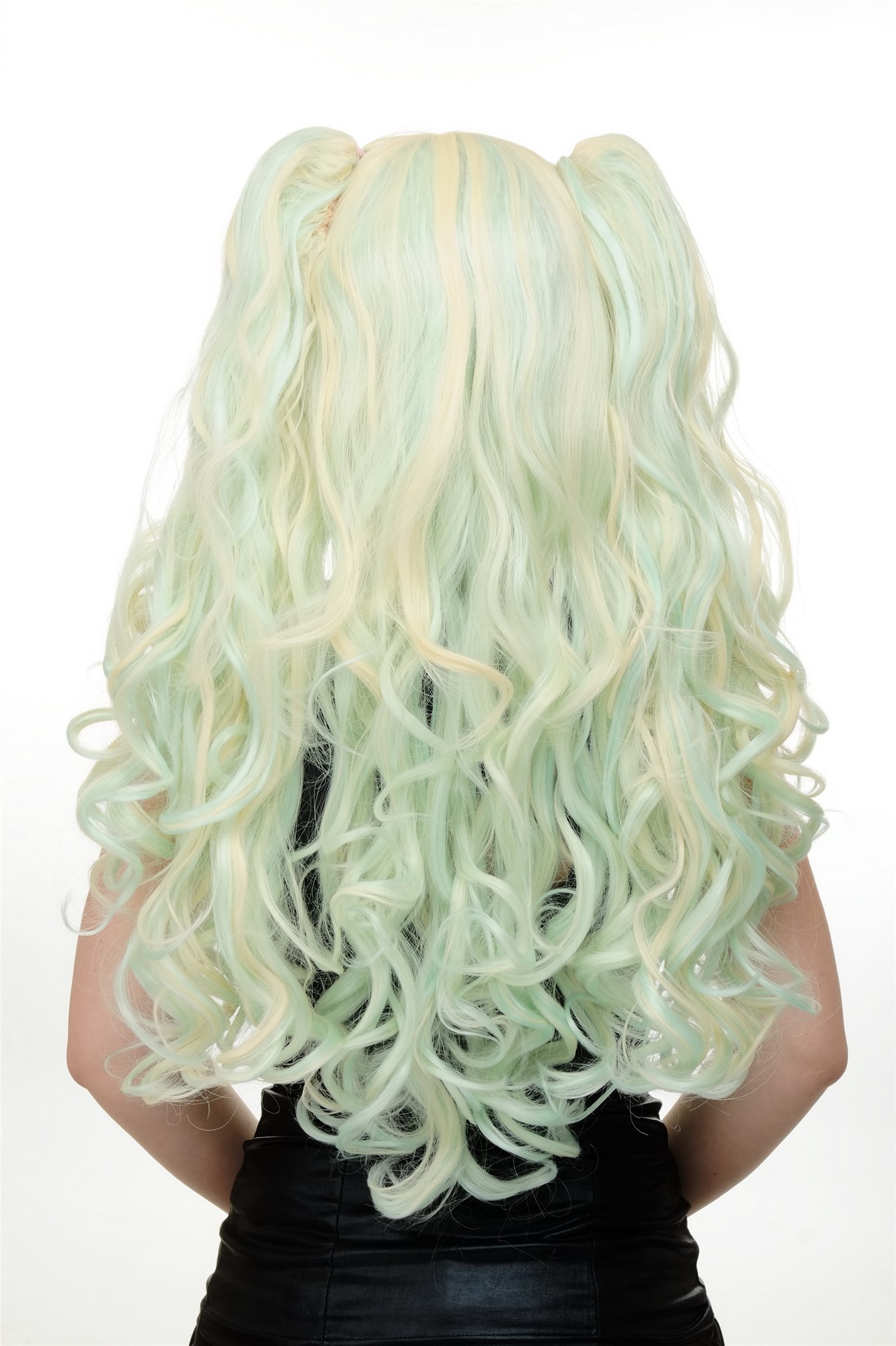 hochwertige Qualitätsperücken, Perücke Cosplay Lang Zöpfe Hellblond Hellblau YZF-7092L+A-T5507/613, Ansicht 4, WIG ME UP: Ihr Perücken Online Shop lockige Tressen-Perücke mit Kopfhaut-Imitat Lichtblond-Hellgrün sehr lange Haare für Damen