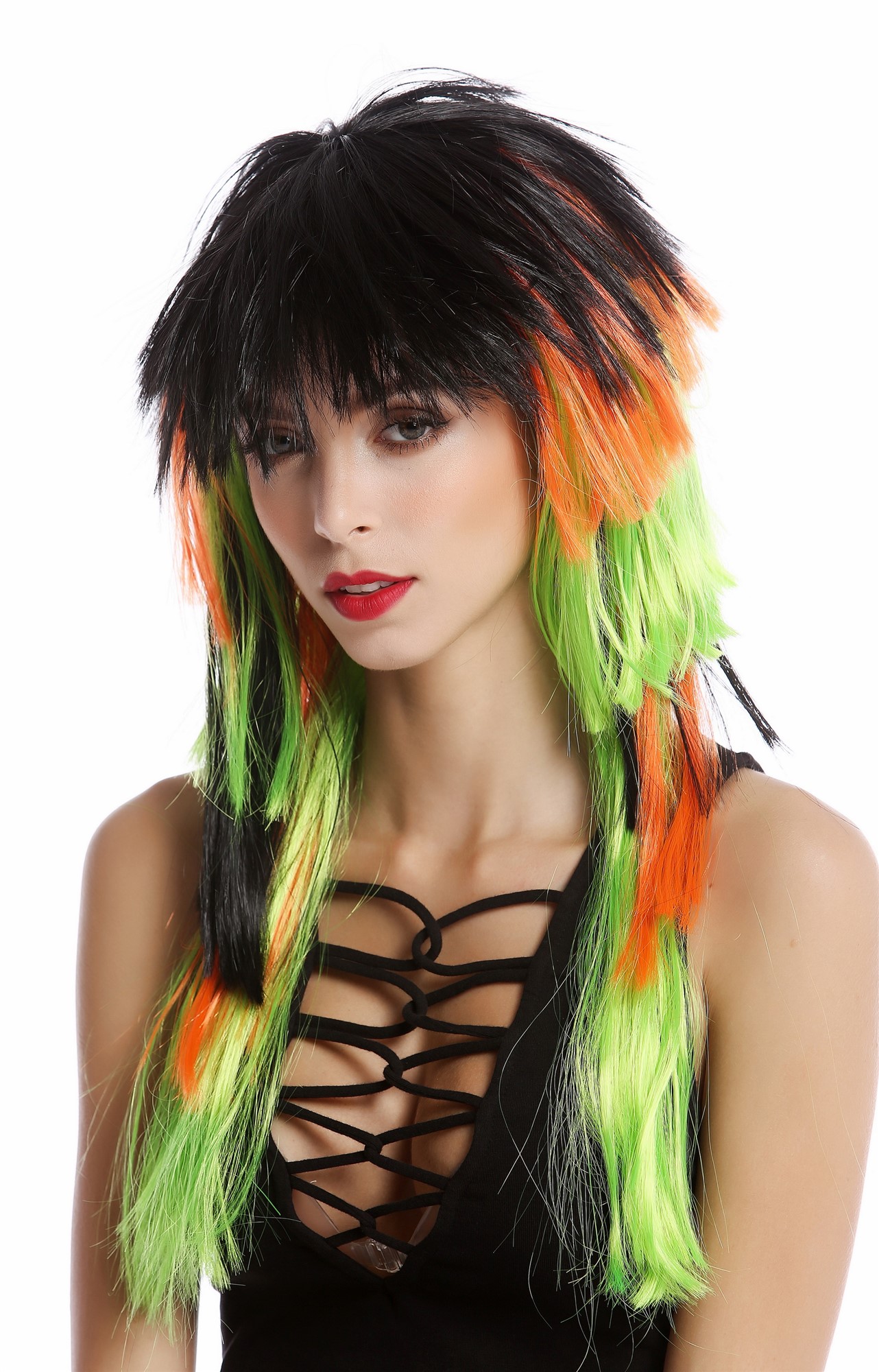 90706 Wig Ladies Men Halloween Fan Wig long mullet black orange green layered 80s, front view, WIG ME UP: Your Perücken Online Shop Party Wig, Ladies, Black, Red, Green, straight, long