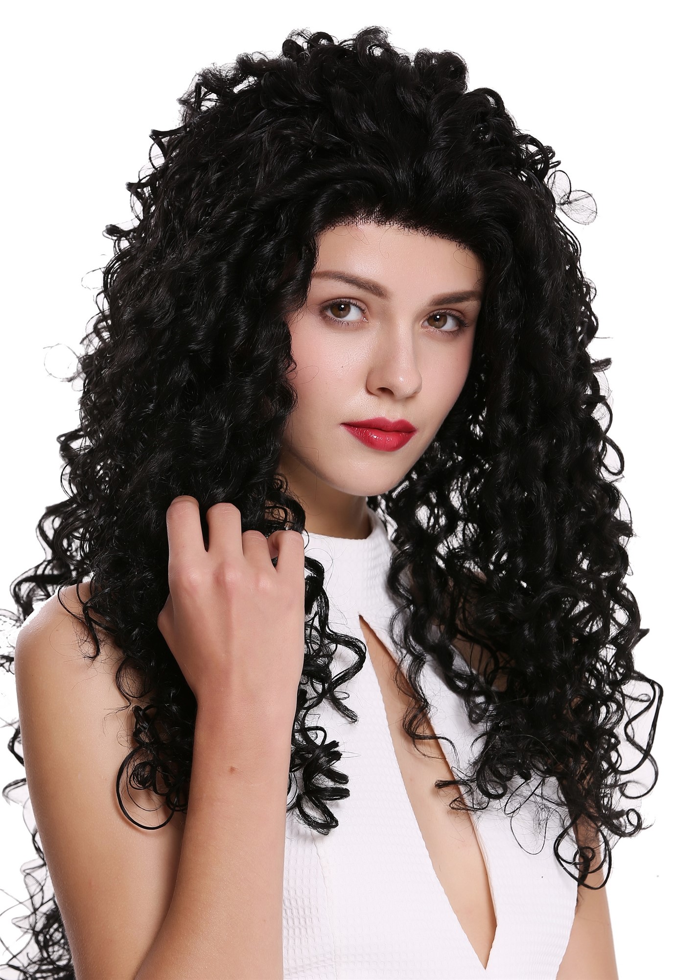 hochwertige Qualitätsperücken, Perücke Lace-Front Lang Locken Schwarz Volumen L006-LF-1B, Ansicht 2, WIG ME UP: Ihr Perücken Online Shop lockige Tressen-Perücke mit Front-Lace Samtschwarz sehr lange Haare für Damen