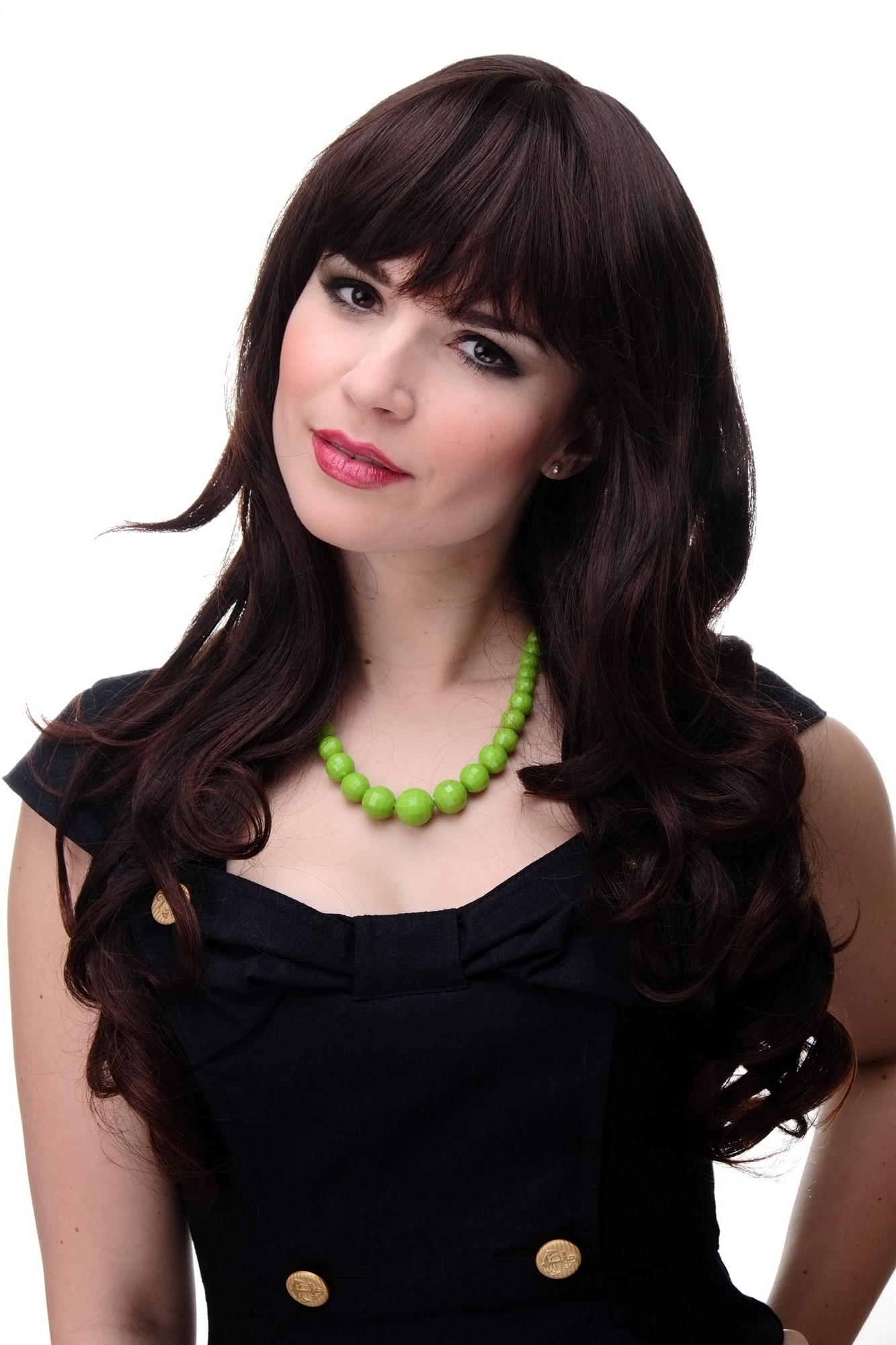 Lady wig very long curling tips straight top fringe bangs mahogany brown mix 285, front view, WIG ME UP: Your Perücken Online Shop Quality Wigs, Ladies, black-brown-mahogany brown mix, curled, long