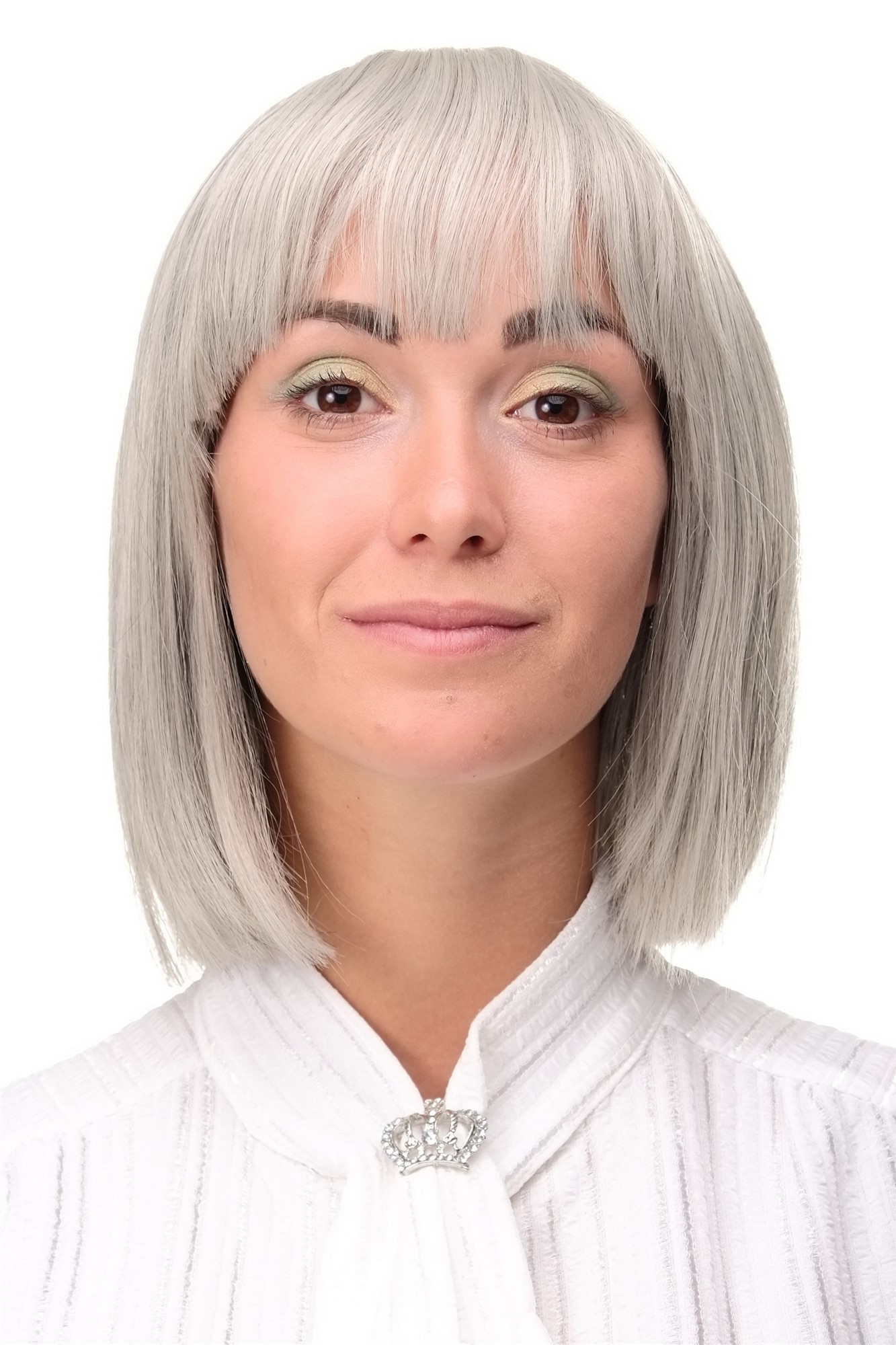 hochwertige Qualitätsperücken, Perücke Damen Bobfrisur Long Bob Pony glatt grau 7803-51, Vorderansicht, WIG ME UP: Ihr Perücken Online Shop glatte Tressen-Perücke mit Kopfhaut-Imitat Grau kurze Haare für Damen