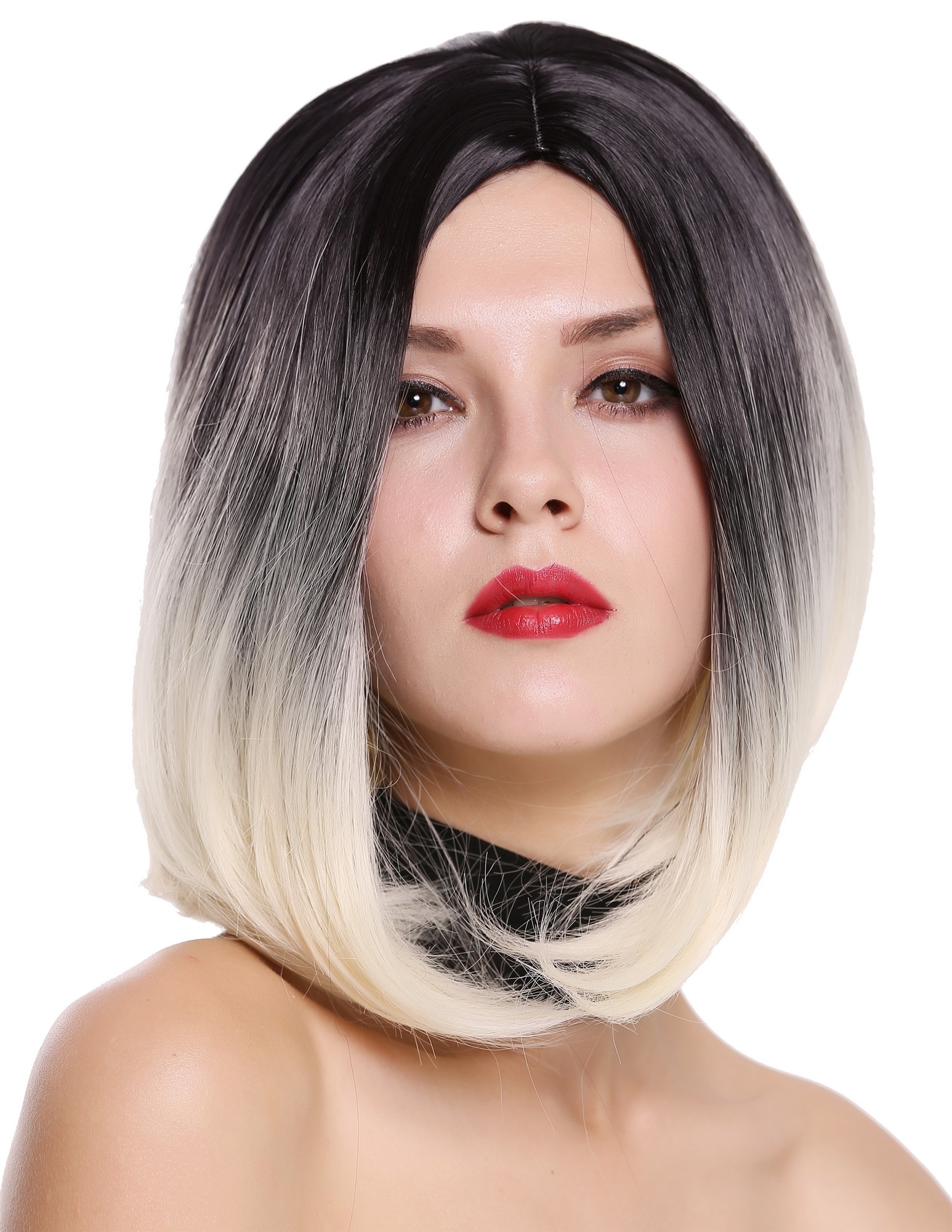 hochwertige Qualitätsperücken, Perücke Bob Longbob Ombre Schwarz Platinblond Mittelscheitel ZM-1691-613R1B, Ansicht 4, WIG ME UP: Ihr Perücken Online Shop glatte Tressen-Perücke mit Kopfhaut-Imitat Schwarz-Platinblond-Mix kurze Haare für Damen