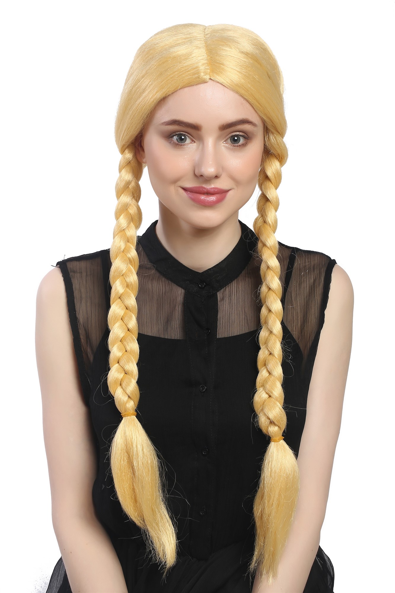 Lady Party Wig Fancy Dress gold yellowish blond long braided pigtails girly Lolita Schoolgirl, front view, WIG ME UP: Your Perücken Online Shop Party Wig, Ladies, Blonde, Braided, long