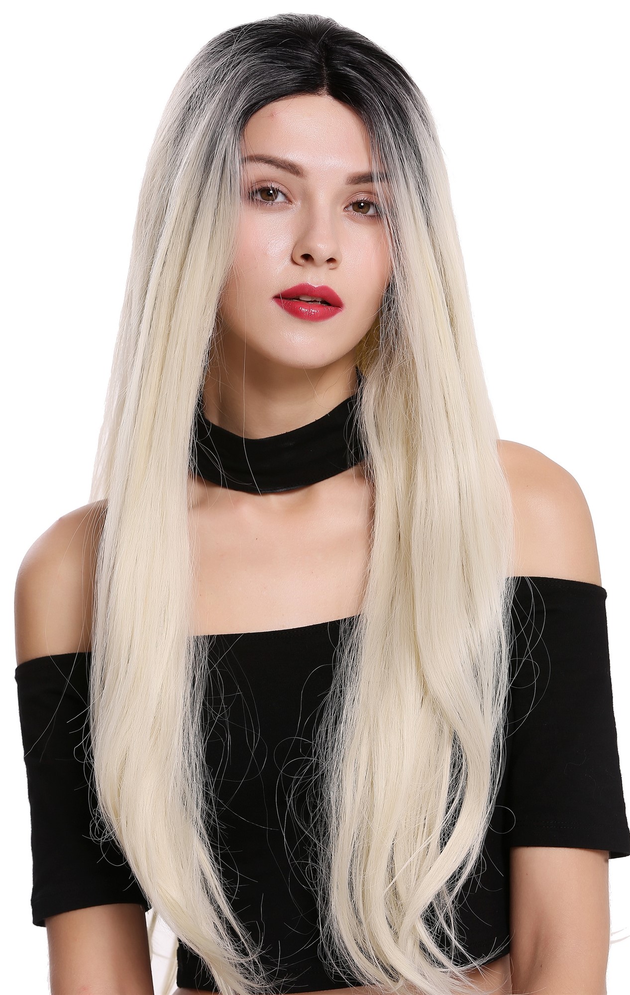 Lady wig lace front mono middle parting long straight ombre black blonde RSK-01, front view, WIG ME UP: Your Perücken Online Shop Quality Wigs, Ladies, Black,Blonde, wavy, very long