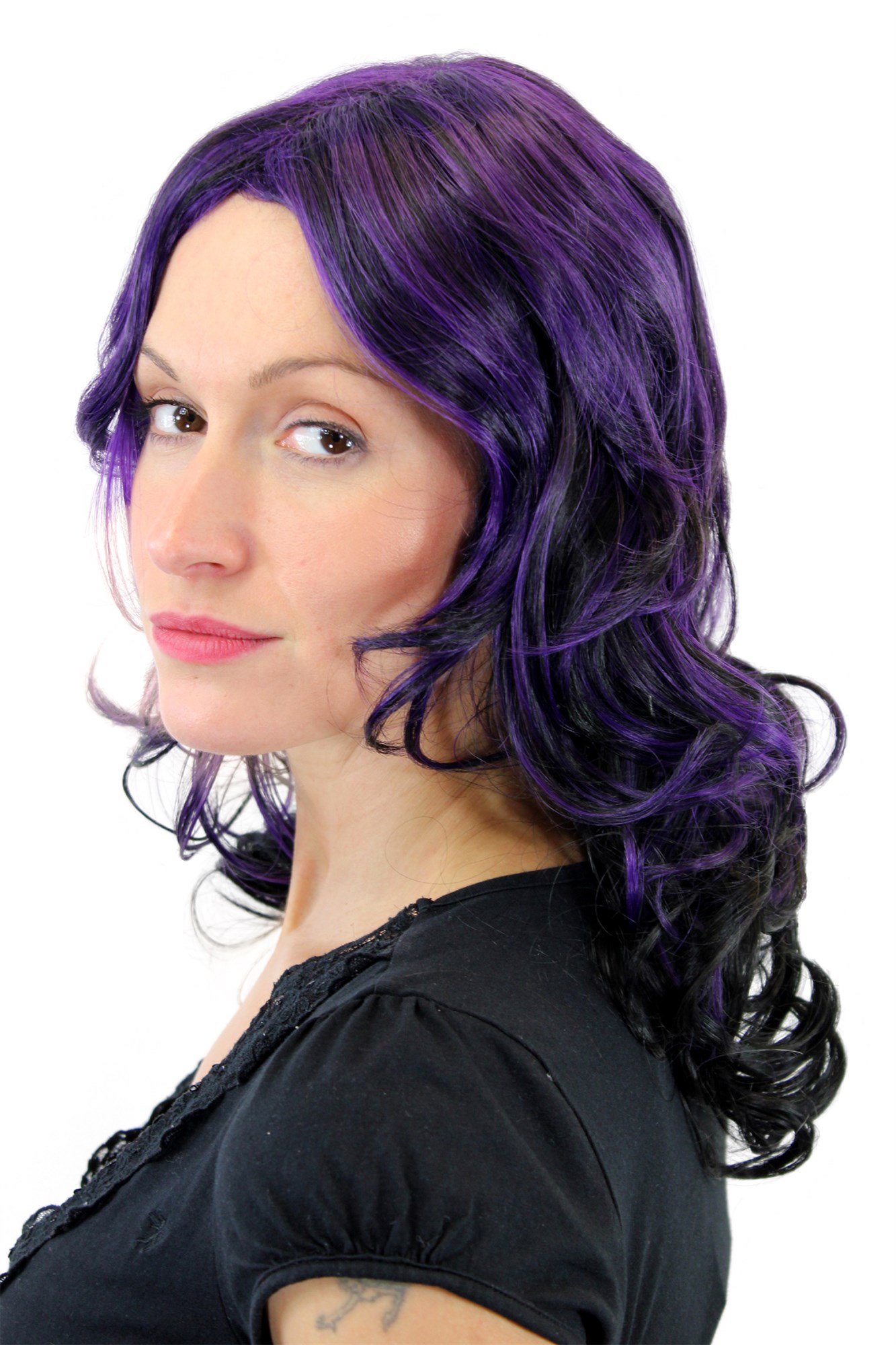 GLAMOROUS Lady  Wig BLACK with PURPLE curled bouncing ends SHOULDER LENGTH middle parting, view 3, WIG ME UP: Your Perücken Online Shop Quality Wigs, Ladies, black and purple, curled, shoulder-length