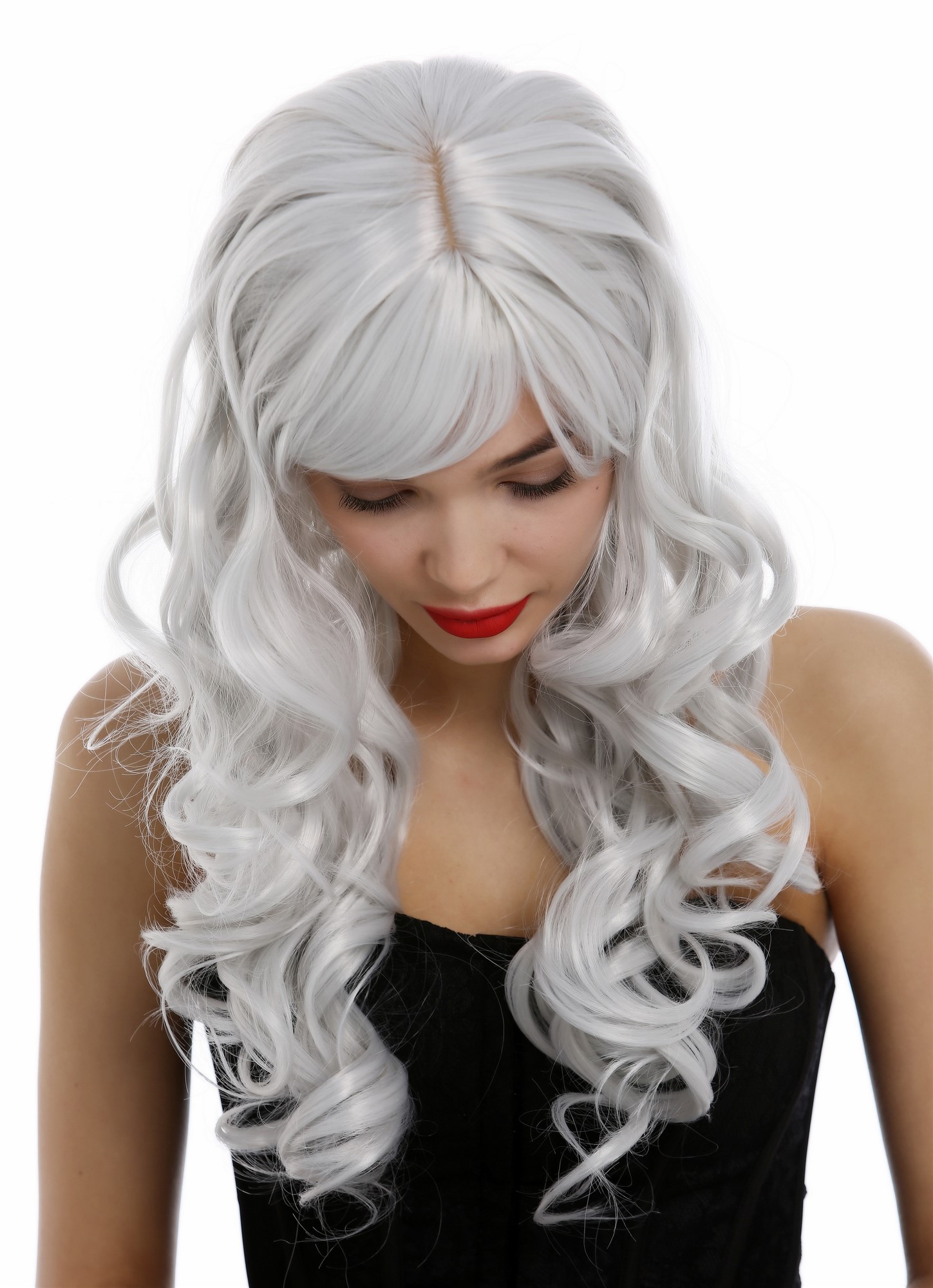 hochwertige Qualitätsperücken, Lange Damen Perücke mit großen kräftigen Locken Pony Weißgrau Grau 285-001, Ansicht 5, WIG ME UP: Ihr Perücken Online Shop lockige Tressen-Perücke mit Kopfhaut-Imitat Weißgrau lange Haare für Damen