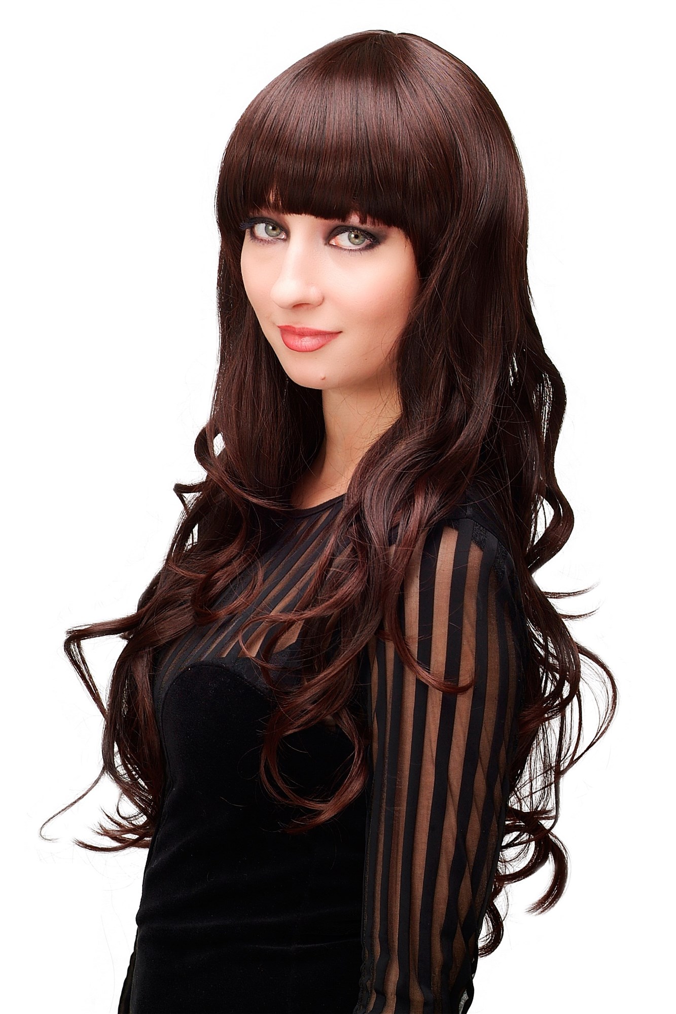 Lady  Wig LONG straight slightly wavy cute bangs fringe DARK BROWN + strands mahogany, view 2, WIG ME UP: Your Perücken Online Shop Quality Wigs, Ladies, Brown, wavy, long