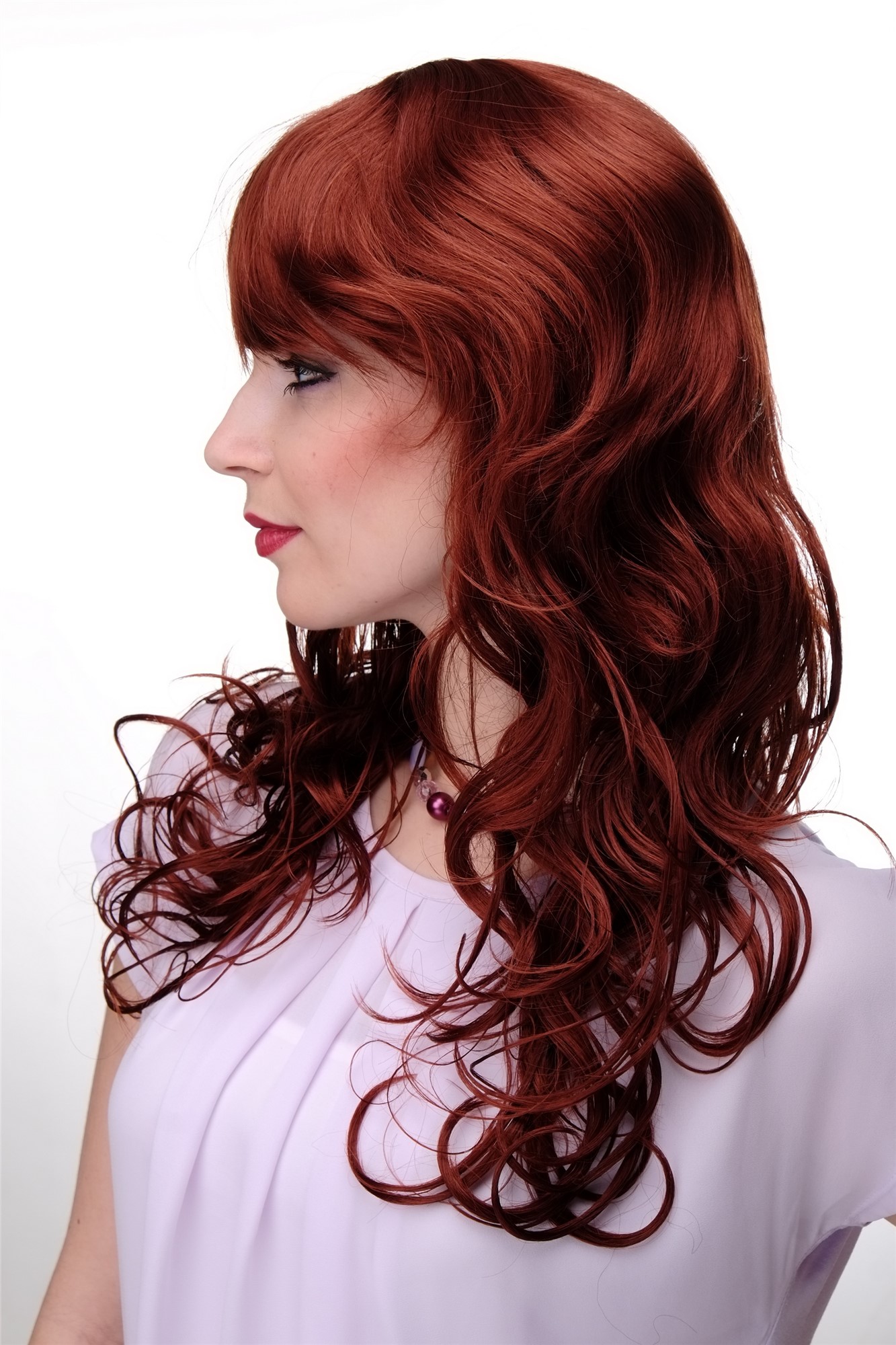 Lady  Wig long wavy and curly ends long fringe (for side parting) dark copper red 22", view 2, WIG ME UP: Your Perücken Online Shop Quality Wigs, Ladies, copper, wavy, long