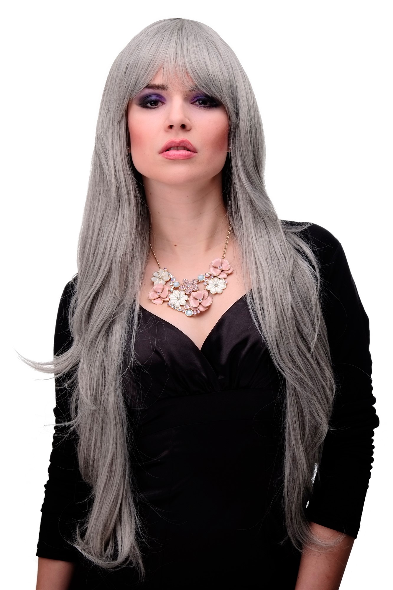 hochwertige Qualitätsperücken, Lange natürliche Damen Perücke gewellt Grau Hellgrau-Mix 6311-51, Vorderansicht, WIG ME UP: Ihr Perücken Online Shop wellige Tressen-Perücke mit Kopfhaut-Imitat Grau sehr lange Haare für Damen