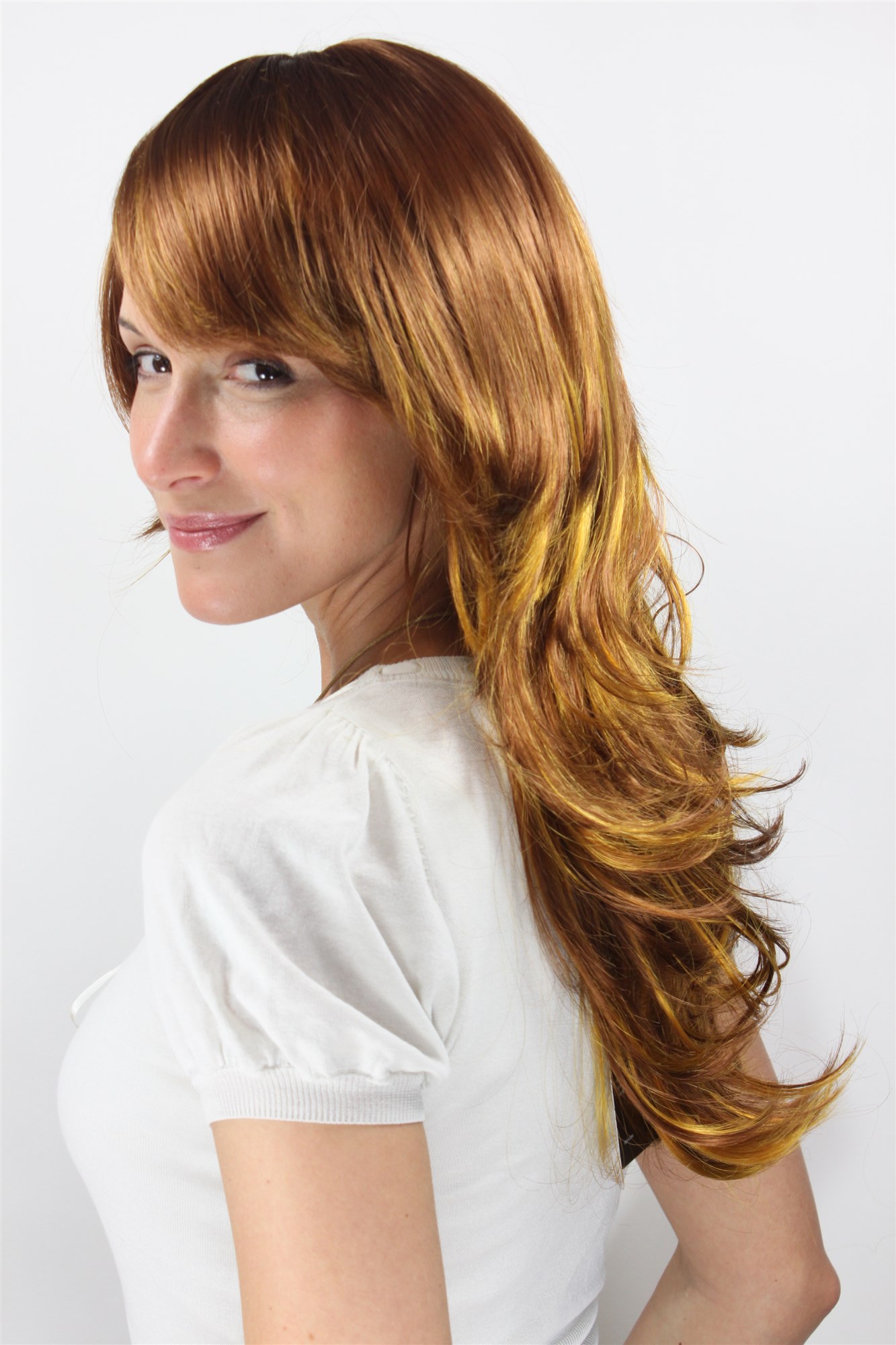 Lady women wig long layered extravagant mixed copper brown blond 3220 , view 3, WIG ME UP: Your Perücken Online Shop Quality Wigs, Ladies, reddish brown and dark golden blonde, wavy, long