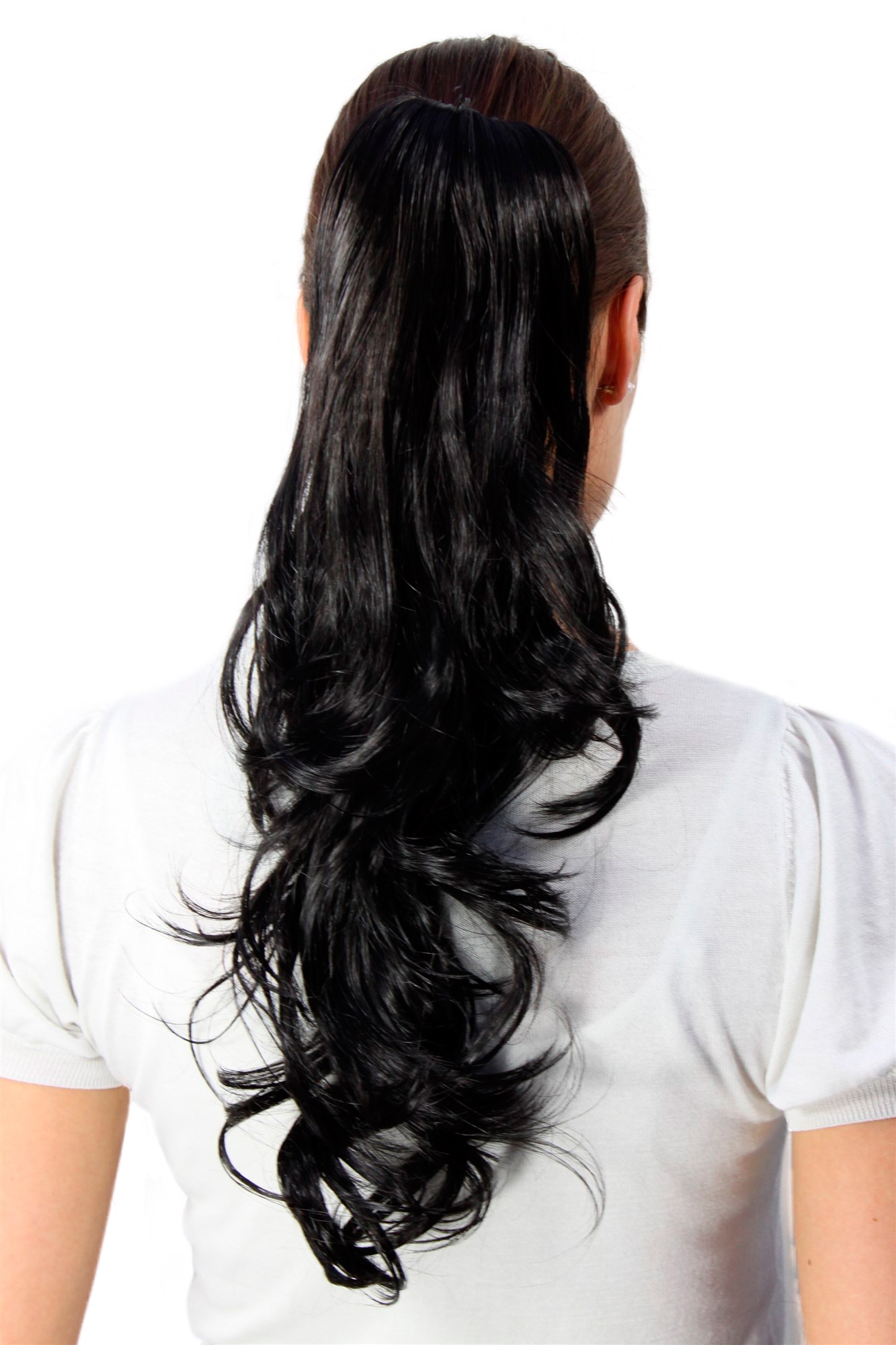 Hairpiece PONYTAIL long WAVY black (T148M Colour 2) butterfly-clip extension, front view, WIG ME UP: Your Perücken Online Shop Ponytails, black-brown, curled, long