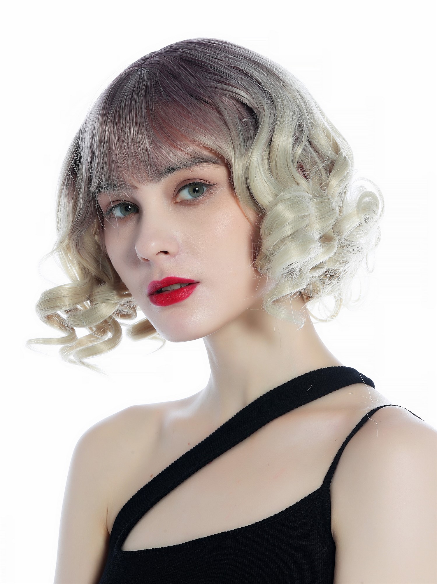 hochwertige Qualitätsperücken, Perücke kurz Pony Korkenzieher-Locken Ombre Dunkel-Violett Hellblond SZL0832-T-003, Ansicht 3, WIG ME UP: Ihr Perücken Online Shop lockige Tressen-Perücke mit Kopfhaut-Imitat Grauviolett-Matthellblond-Verlauf kurze Haare für Damen