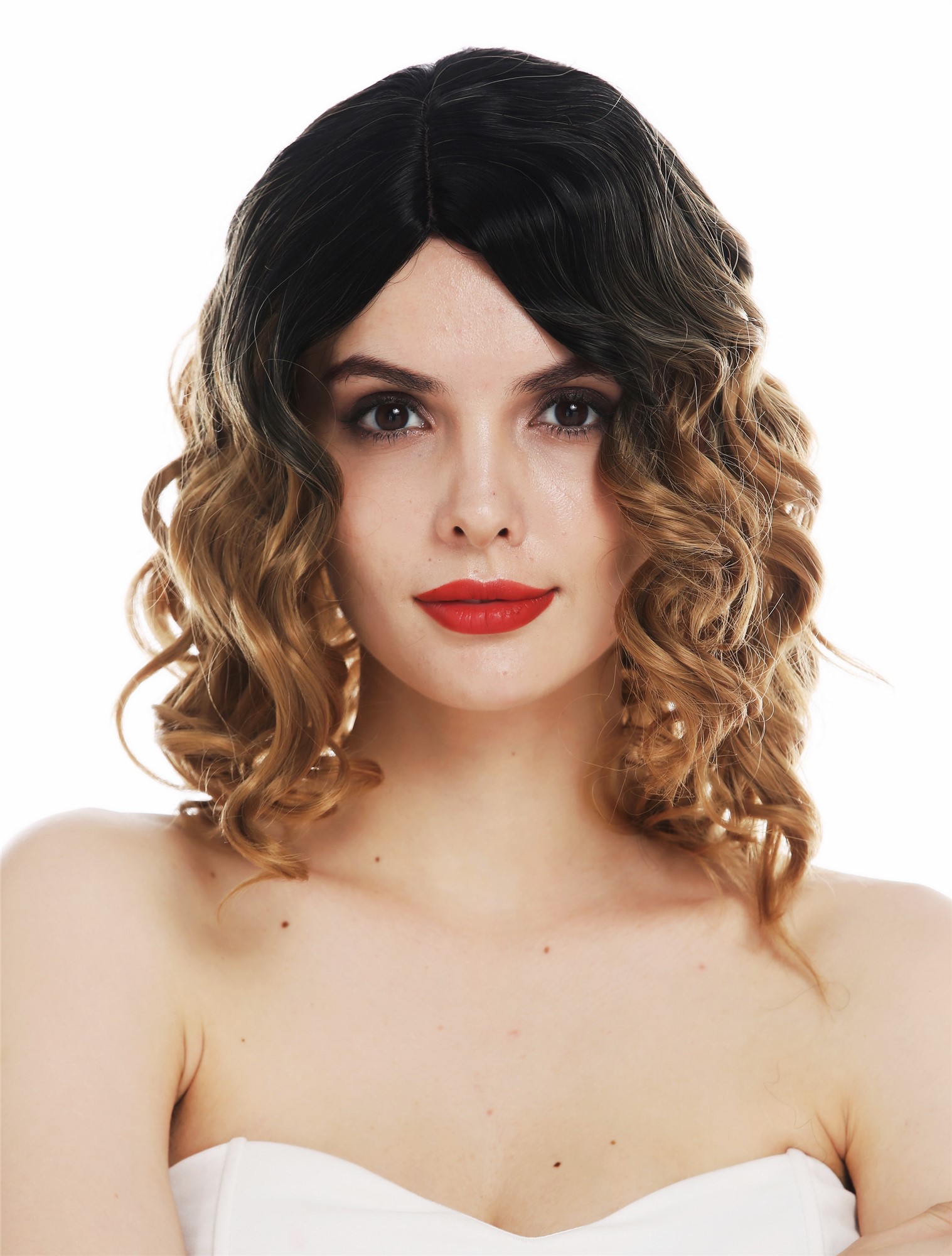 hochwertige Qualitätsperücken, Perücke schulterlang gewellt Scheitel Ombre Balayage Schwarz-Blond-Braun-Mix MS9026-R2/27/30, Vorderansicht, WIG ME UP: Ihr Perücken Online Shop lockige Tressen-Perücke mit Kopfhaut-Imitat Schwarz-Blond-Braun-Mix kurze Haare für Damen