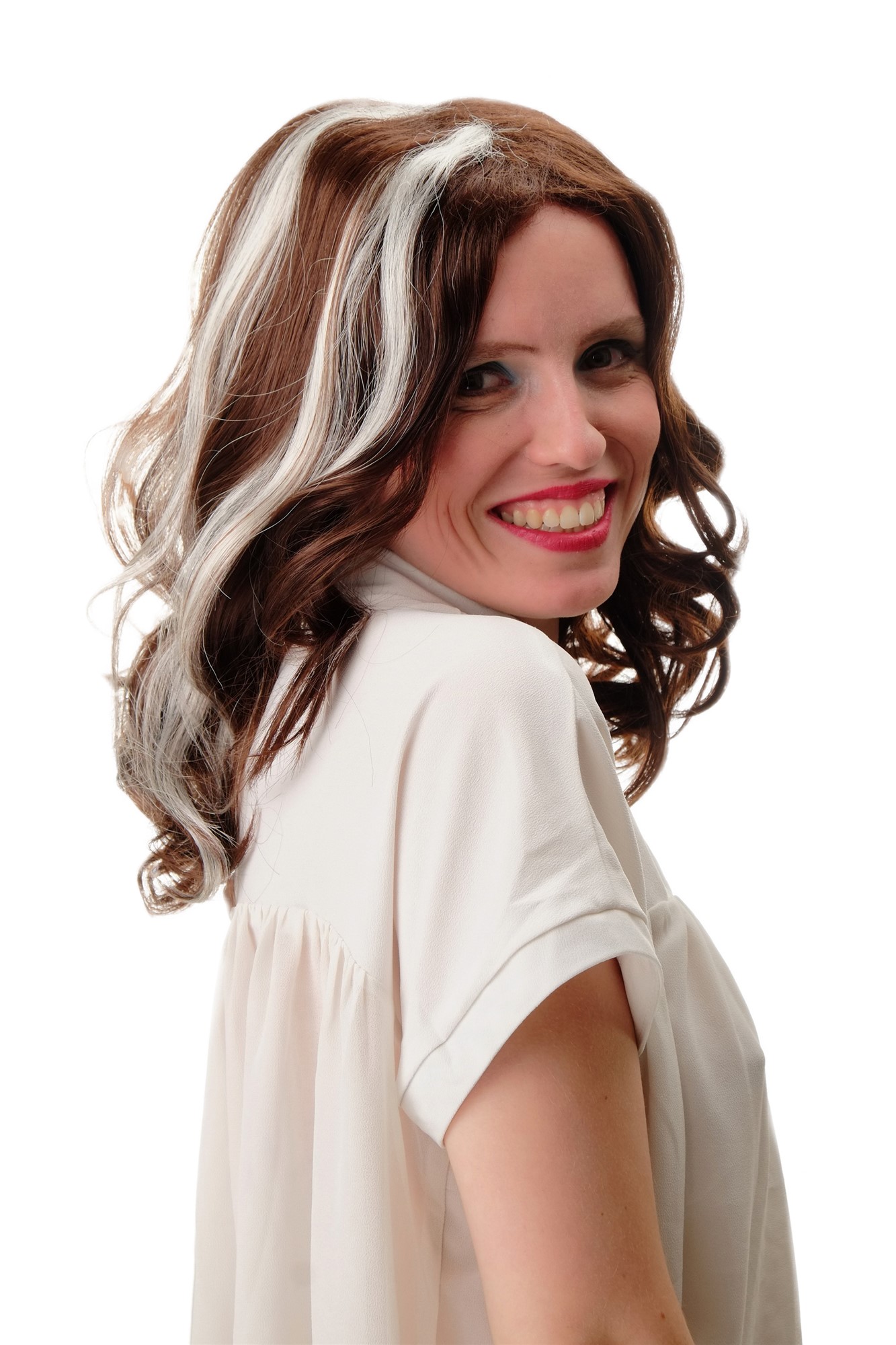 Lady wig wavy medium length middle parting mahogany streaked white blond GFW2469, front view, WIG ME UP: Your Perücken Online Shop Quality Wigs, Ladies, chestnut brown-platinum blonde mix, wavy, shoulder-length