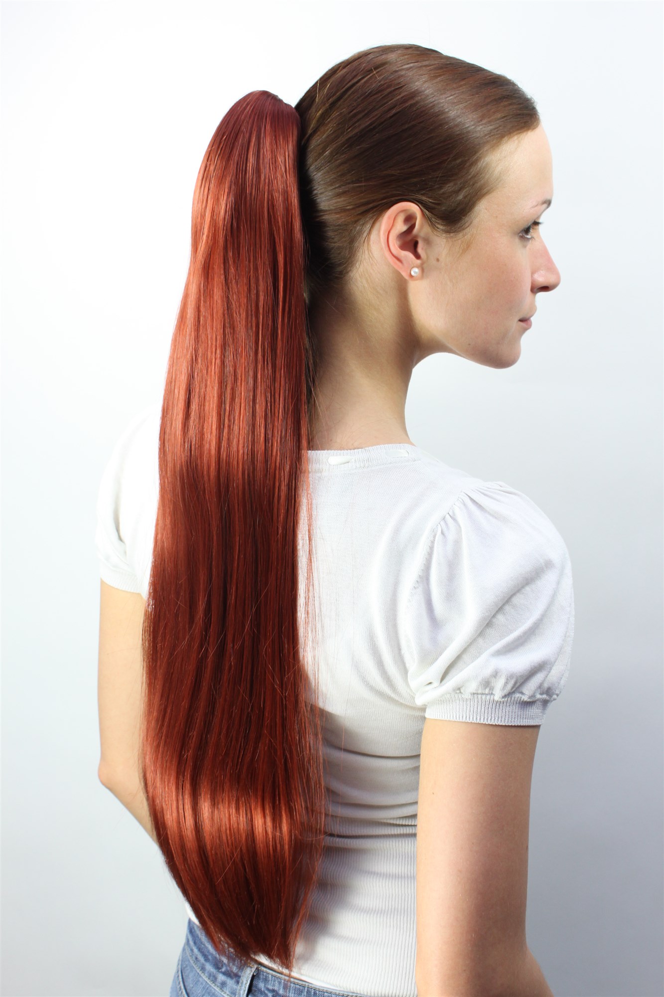 hochwertiges Haarteil Zopf mit Butterfly-Clip sehr lang glatt Rot Kupferrot T113-350, Ansicht 2, WIG ME UP: Ihr Perücken Online Shop glattes Zopf-Haarteil Rot 70 cm lang