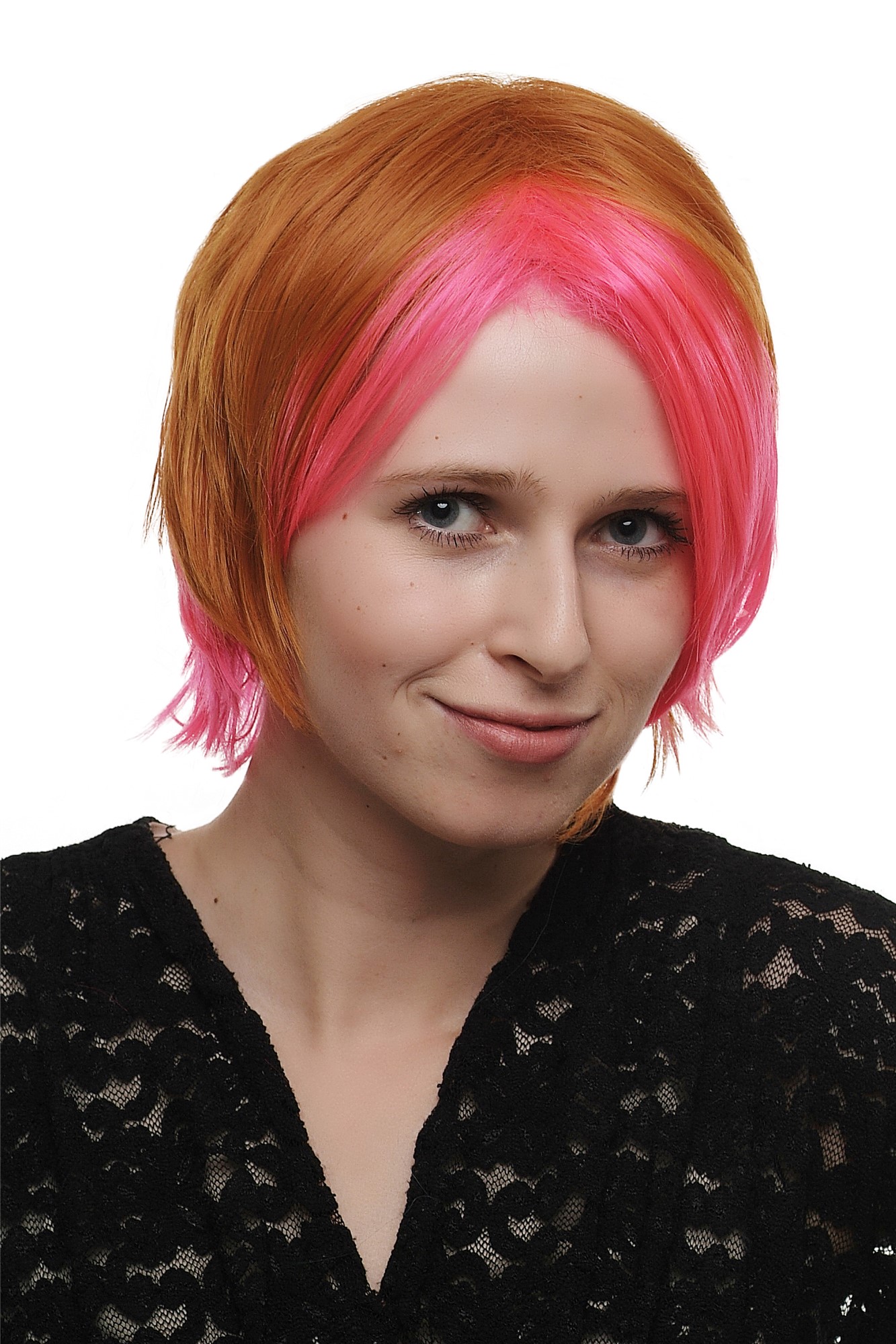 hochwertige Qualitätsperücken, Perücke asymmetrischer gemischtes Rot SA045 Punk Cosplay, Vorderansicht, WIG ME UP: Ihr Perücken Online Shop glatte Tressen-Perücke Rosa-Rot/Orange-Mix kurze Haare für Damen