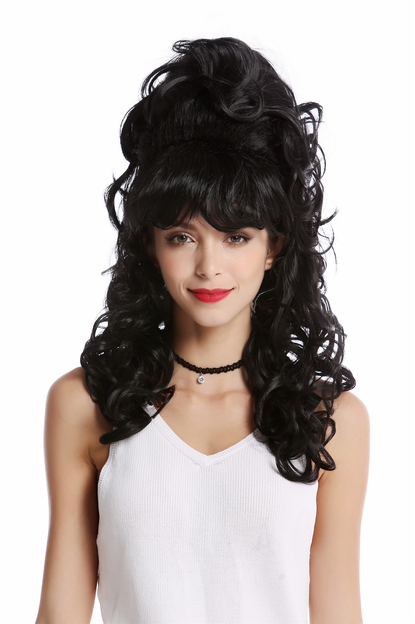 hochwertige Qualitätsperücken, Perücke 60er Retro Hochsteckfrisur Beehive Schwarz GF-W2418-1B, Ansicht 2, WIG ME UP: Ihr Perücken Online Shop lockige Tressen-Perücke Samtschwarz lange Haare für Damen