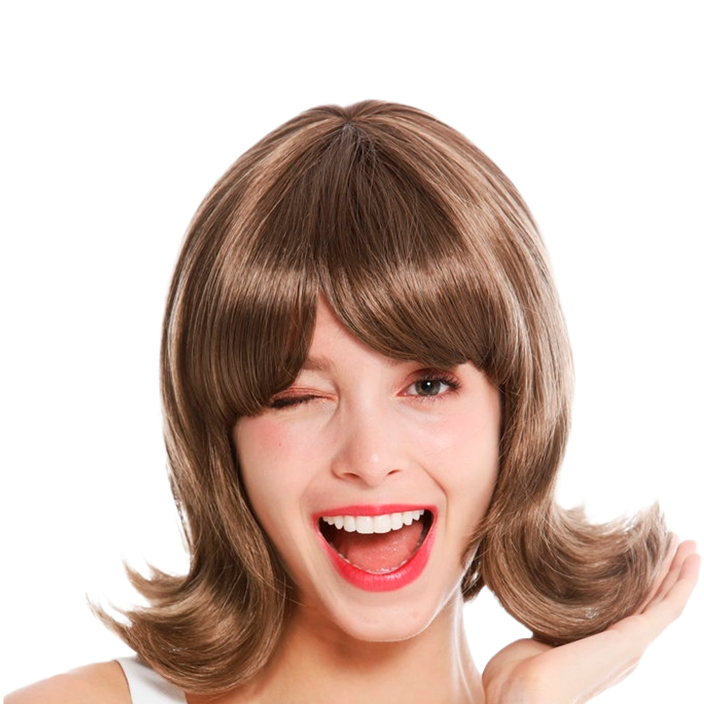 Hellbraune Damenperücke mit schulterlang glatten Haaren und eine Welle am Ende der Haarspitzen