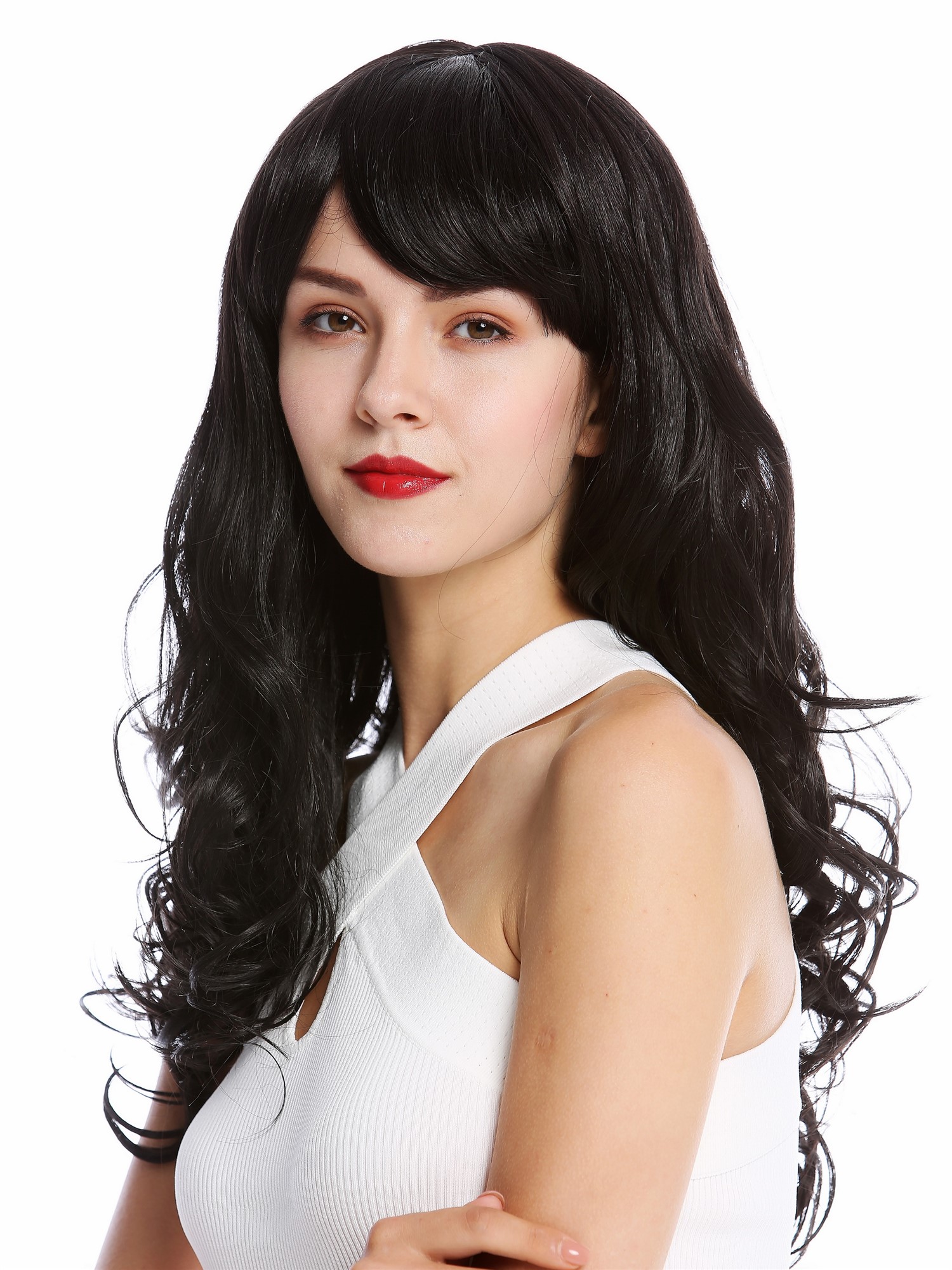 hochwertige Qualitätsperücken, Perücke Lang Gewellt Pony Schwarz SA103-2, Vorderansicht, WIG ME UP: Ihr Perücken Online Shop lockige Tressen-Perücke mit Kopfhaut-Imitat Schwarzbraun lange Haare für Damen