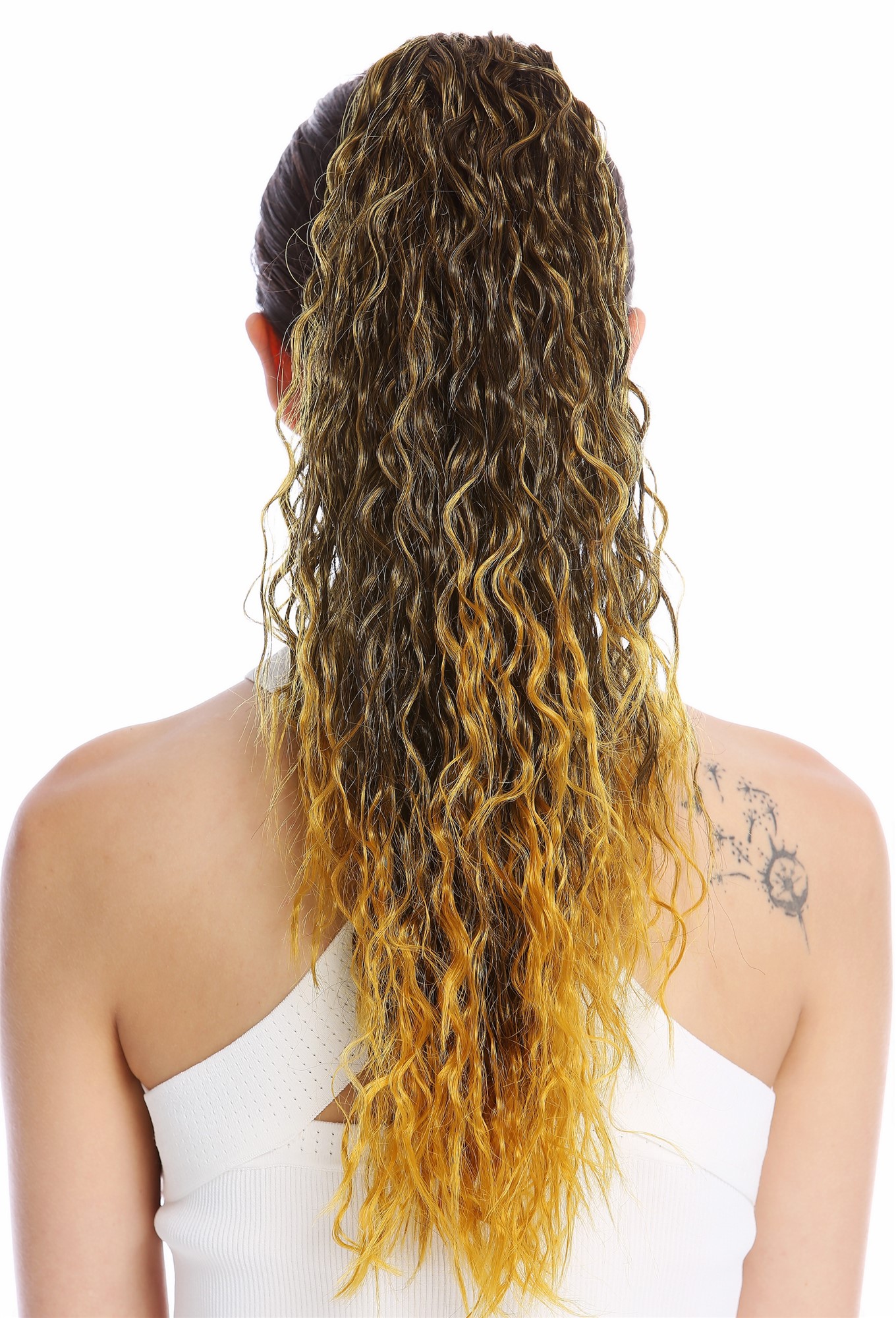 Ponytail very long voluminous curled kinked kinks black platinum highlights N461, front view, WIG ME UP: Your Perücken Online Shop Ponytails, black-saffron yellow mix, curled, long