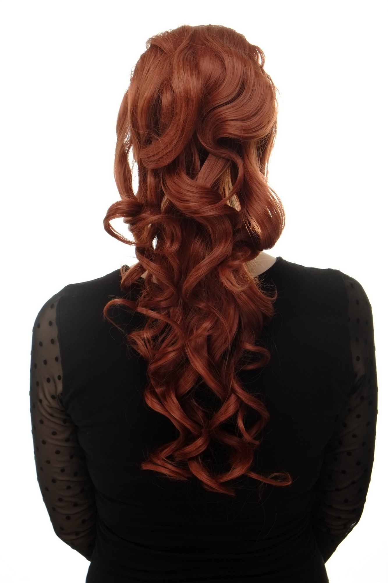 Hairpiece PONYTAIL with combs and elastic draw string curly voluminous very long dark copper red, front view, WIG ME UP: Your Perücken Online Shop Ponytails, copper, curled, long