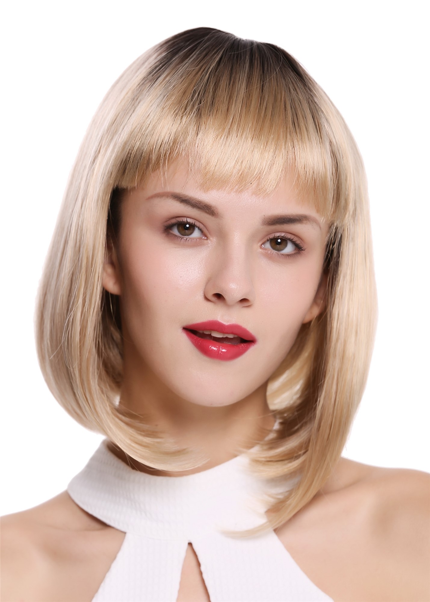 Lady wig Bob Longbob short sleek straight fringe bangs ombre brown blond DW2140Q, front view, WIG ME UP: Your Perücken Online Shop Quality Wigs, Ladies, light blonde-red blonde-dark brown mix, straight, short