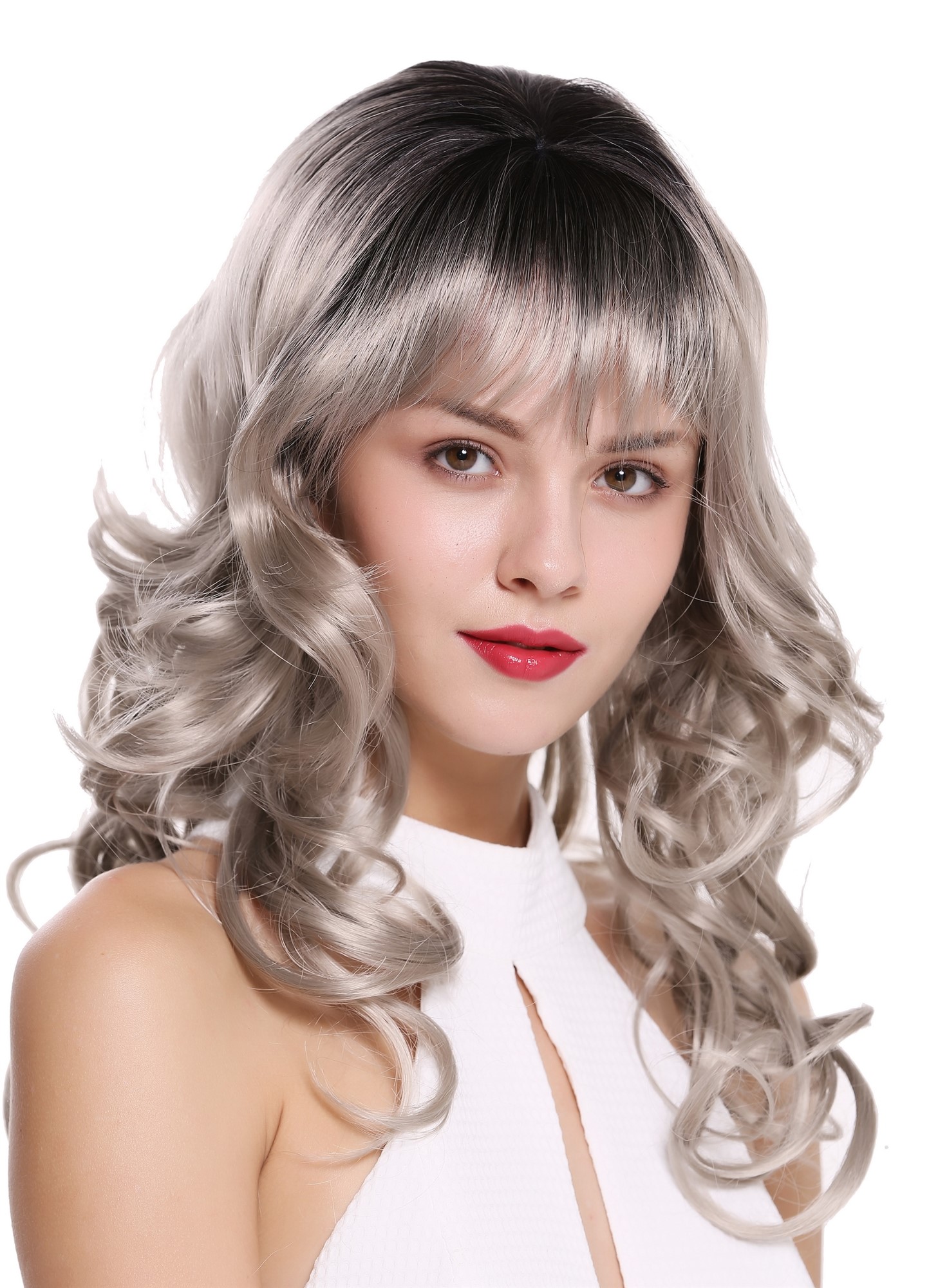 hochwertige Qualitätsperücken, Perücke Lang Locken Pony Ombre Grau 1002A-YS1+101, Ansicht 4, WIG ME UP: Ihr Perücken Online Shop lockige Tressen-Perücke mit Kopfhaut-Imitat Schwarz-Grau lange Haare für Damen