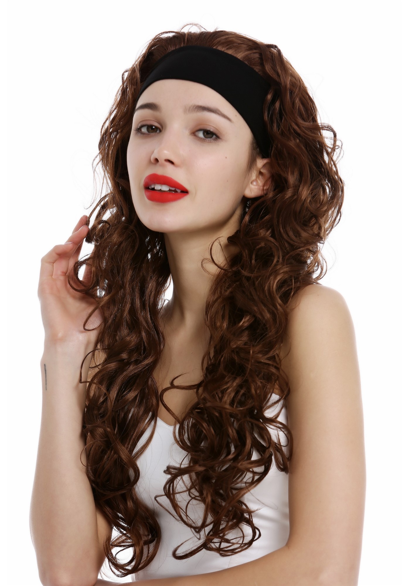 hochwertige Qualitätsperücken, Perücke Stirnband lang gelockt Kupferbraun Rotbraun VK-27-30, Ansicht 6, WIG ME UP: Ihr Perücken Online Shop lockige Tressen-Perücke mit Stirnband Kupferbraun lange Haare für Damen